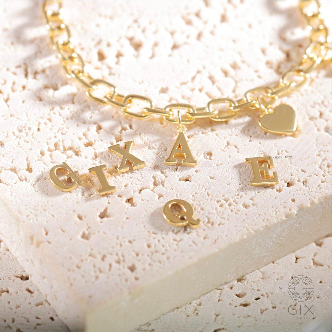 Vòng tay mắc xích vuông cho nam nữ bạc thật Gix Jewel mạ vàng gắn chữ tên riêng