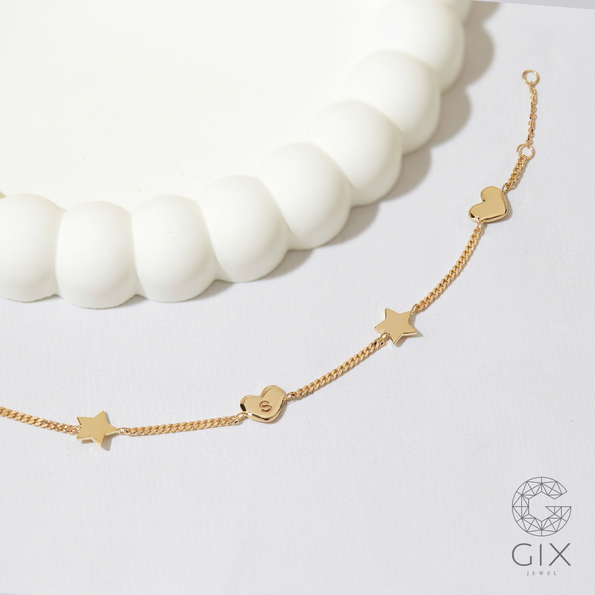 Lắc tay vàng 18k bạc đẹp cho nữ sợi khoen lật mảnh hình ngôi sao & trái tim Gix