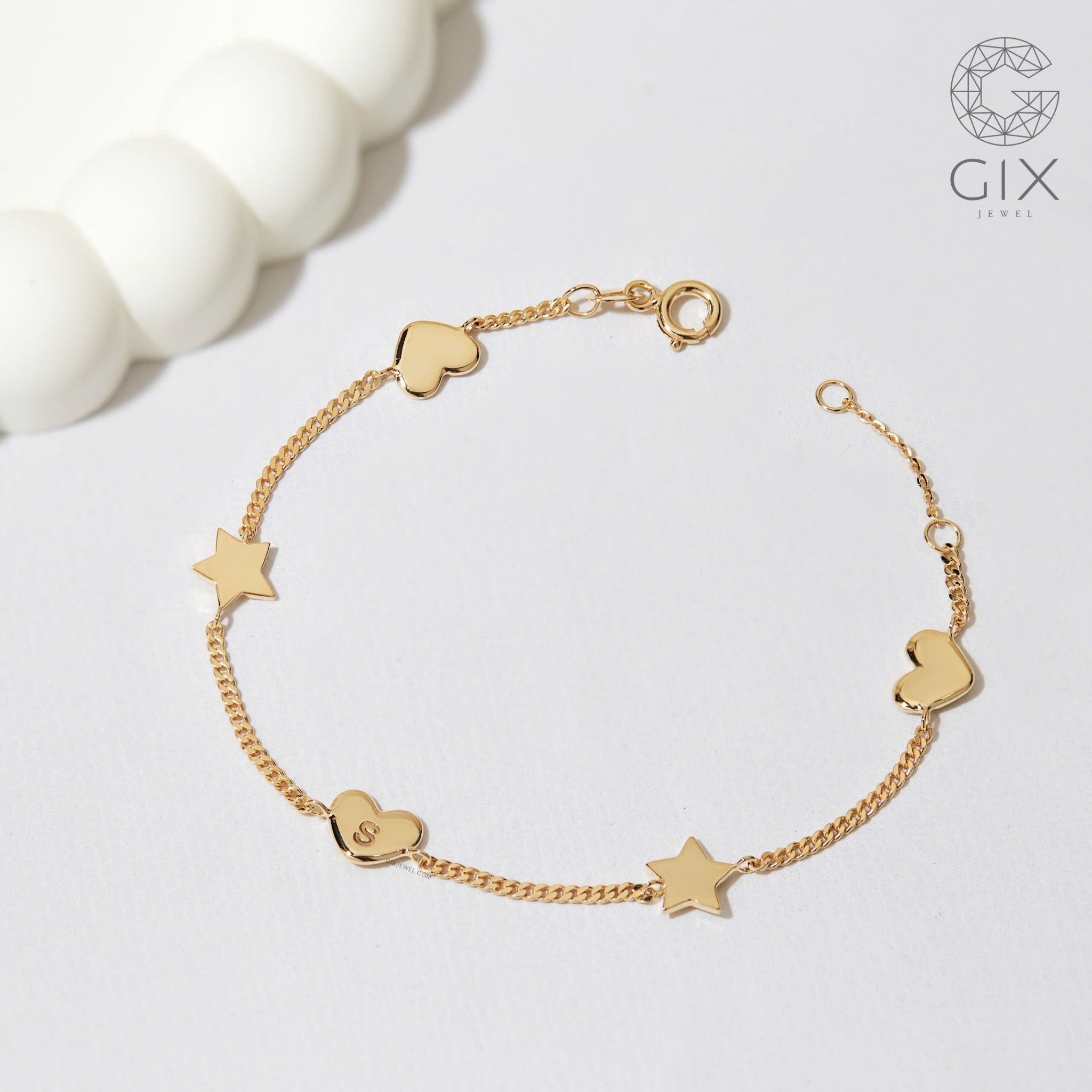 Lắc tay vàng 18k bạc đẹp cho nữ sợi khoen lật mảnh hình ngôi sao & trái tim Gix