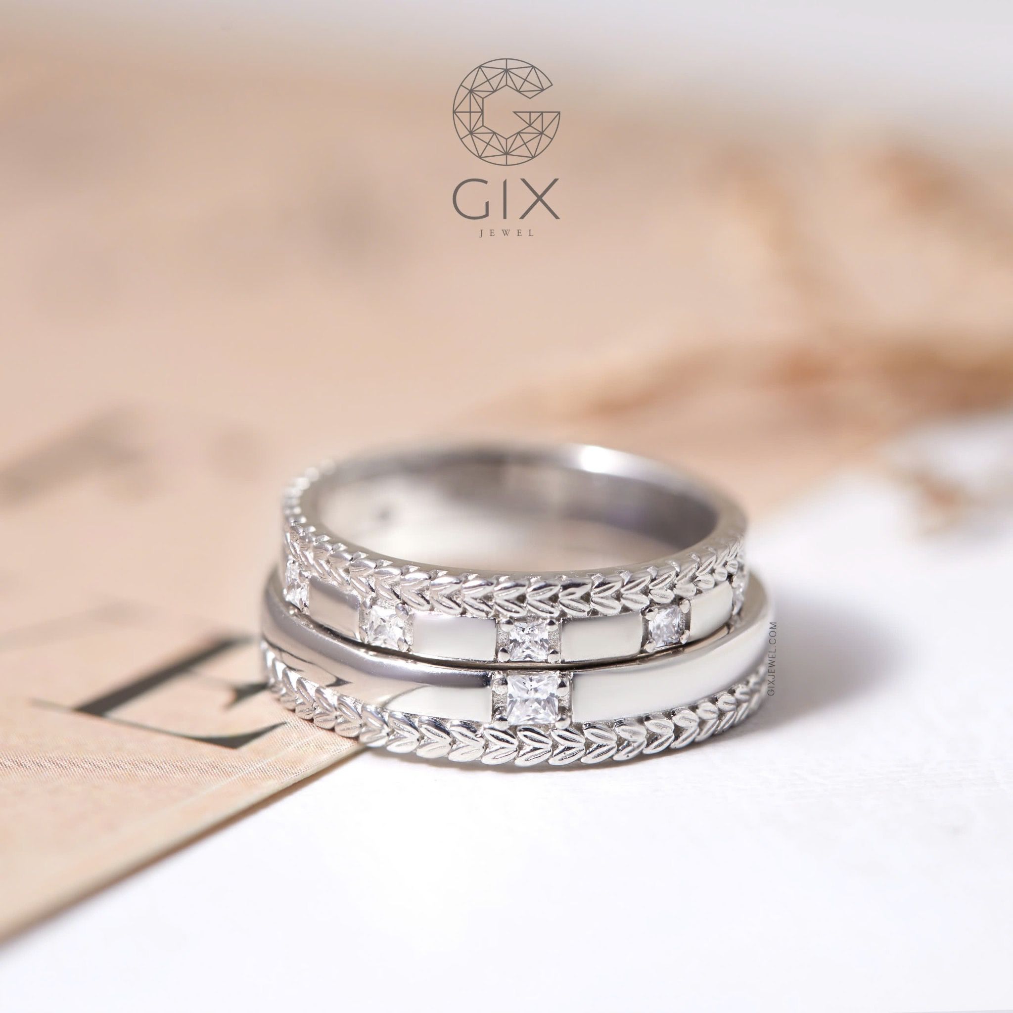 Nhẫn cưới kiểu mới 18k bản to đẹp hình vương miện đính đá Gix Jewel