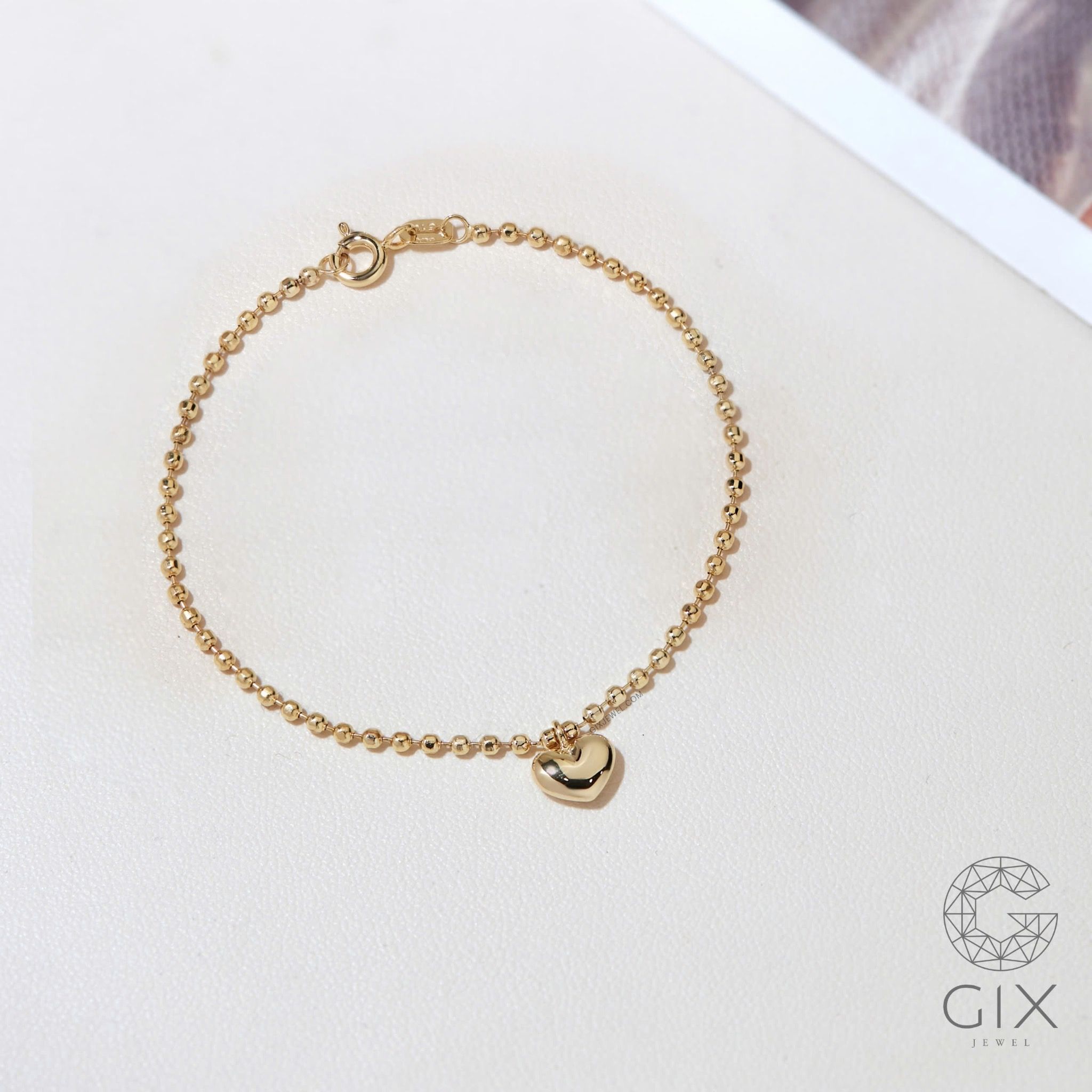 Lắc tay bi vàng 18k bạc cao cấp hạt tròn sợi mảnh hình trái tim dễ thương Gix