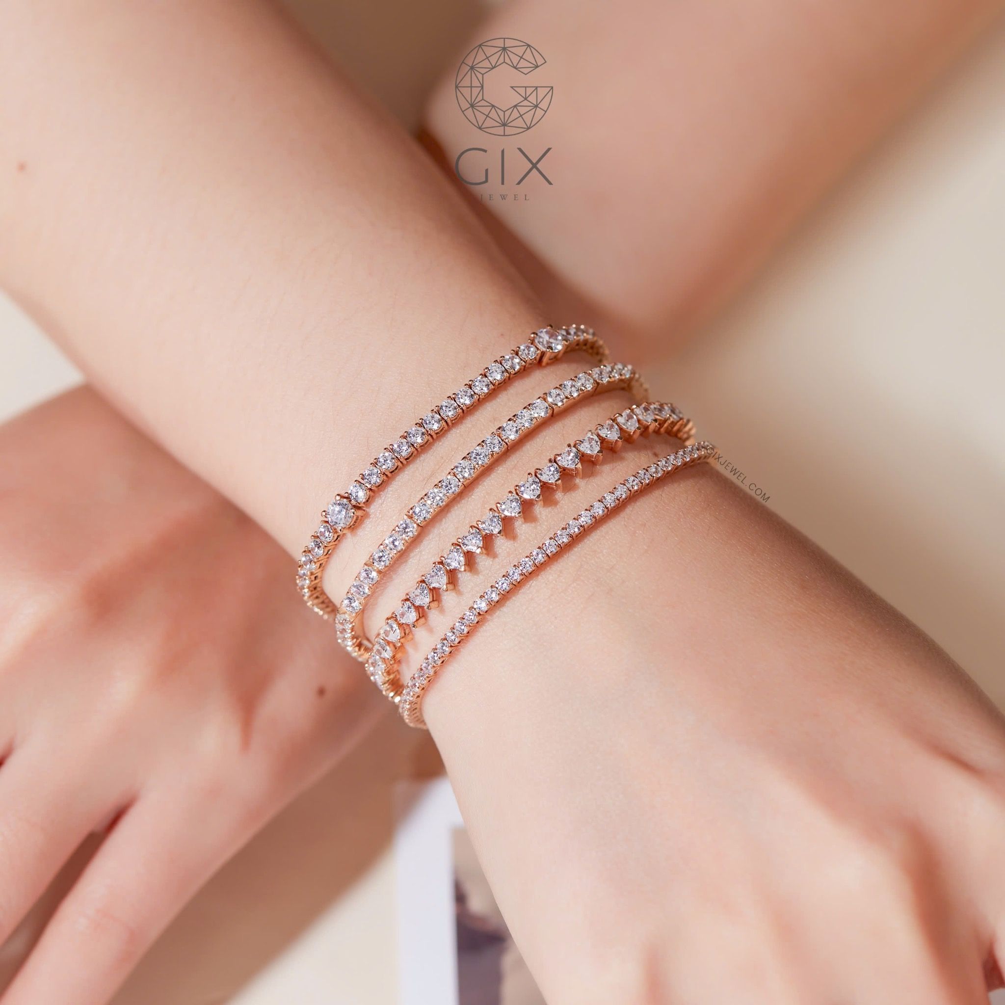 Lắc tay tennis nam nữ đeo đôi vàng trắng 18k bạc 925 đẹp đính đá hình trái tim thời trang Gix