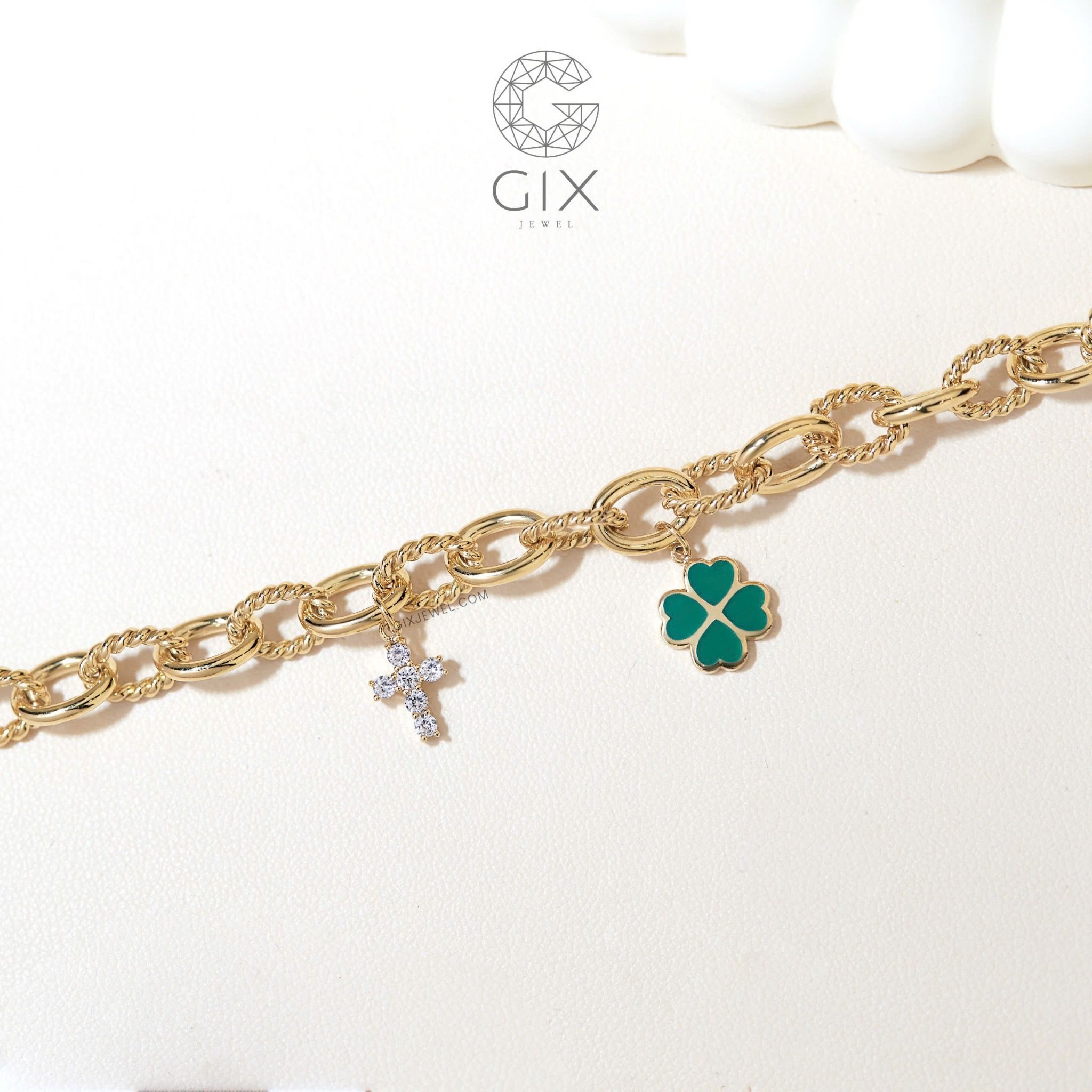Lắc tay cỏ 4 lá mắc xích vuông vàng nữ 18k bạc 925 Gix Jewel mix charm thánh giá