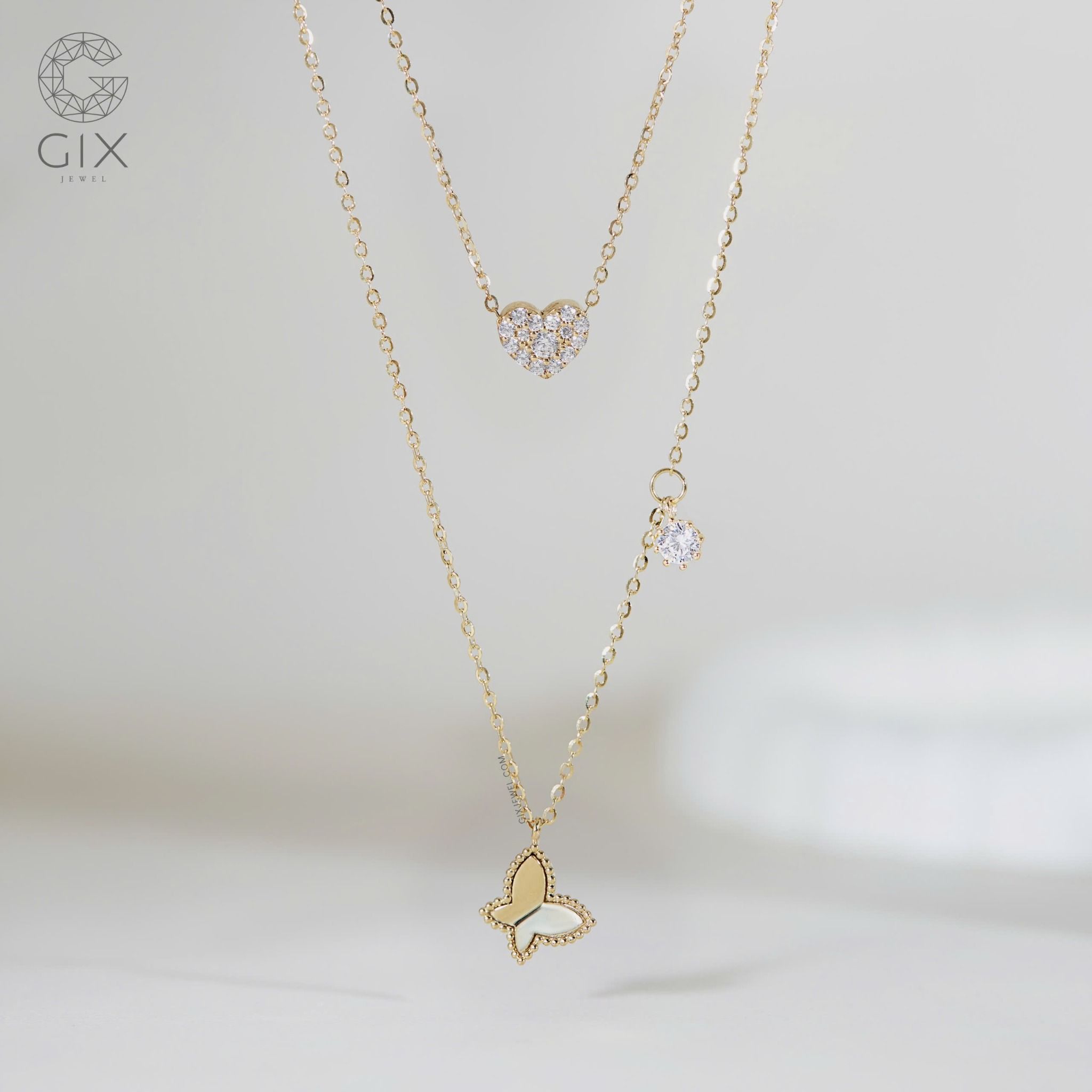 Vòng cổ kim cương nữ vàng 18k đẹp dễ thương sợi nhỏ hình cánh bướm Gix Jewel