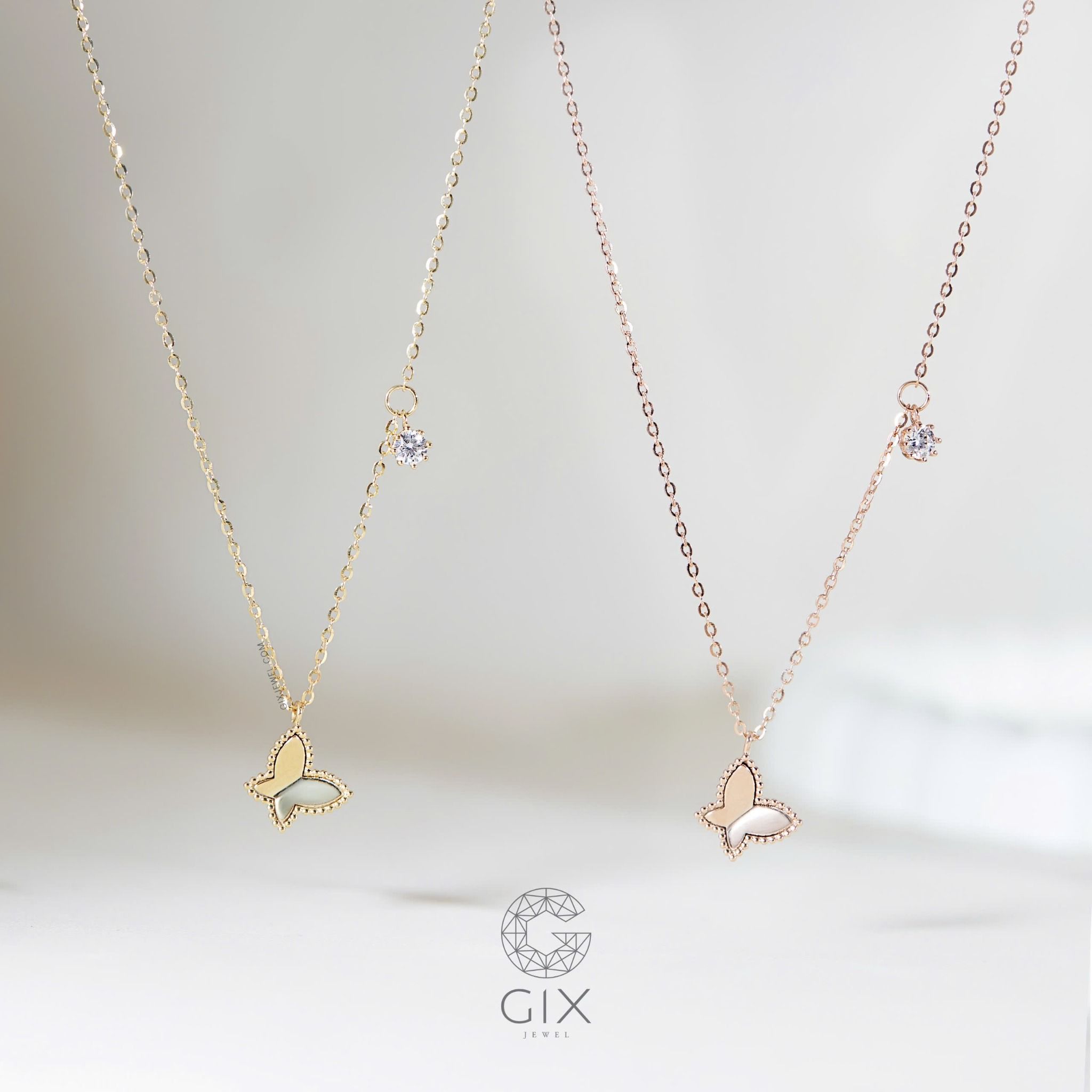 Vòng cổ kim cương nữ vàng 18k đẹp dễ thương sợi nhỏ hình cánh bướm Gix Jewel