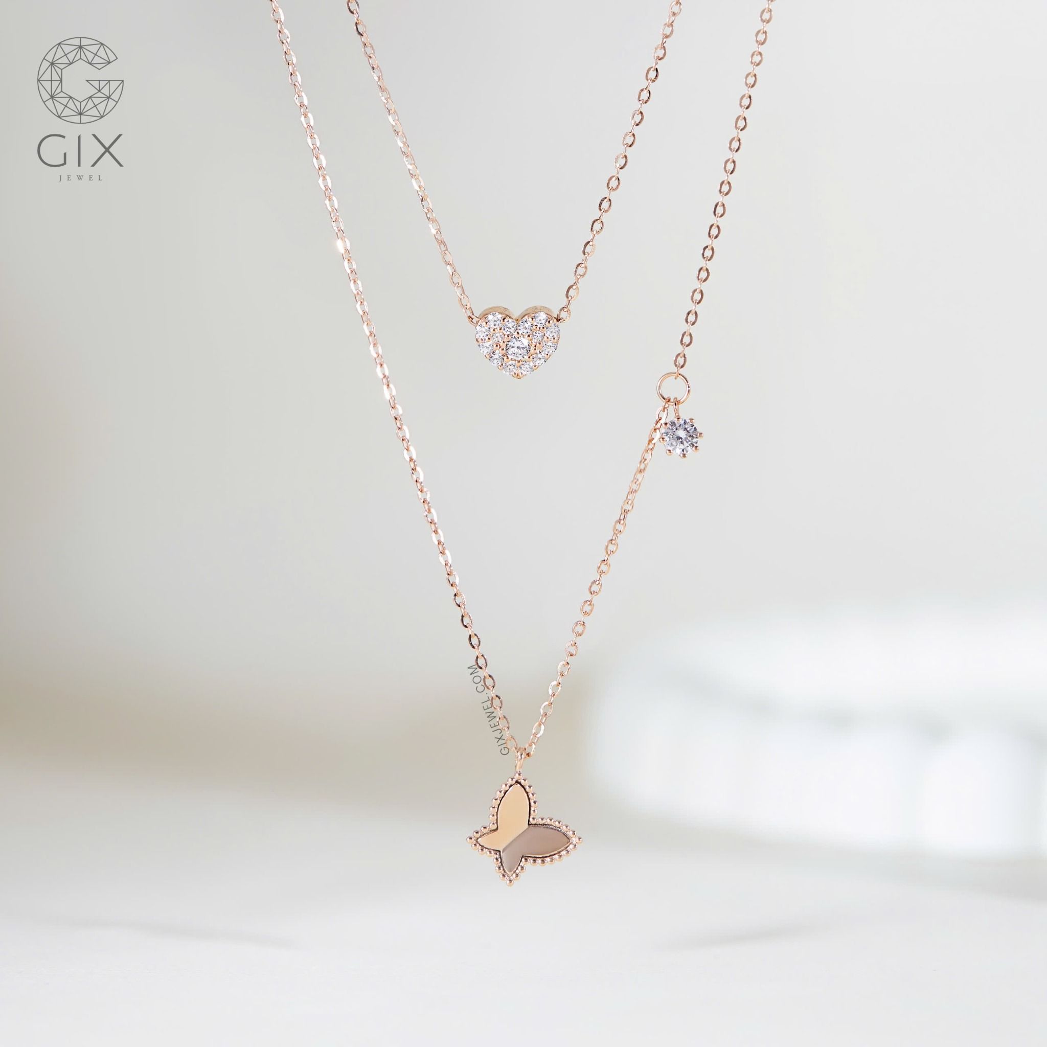 Vòng cổ kim cương nữ vàng 18k đẹp dễ thương sợi nhỏ hình cánh bướm Gix Jewel