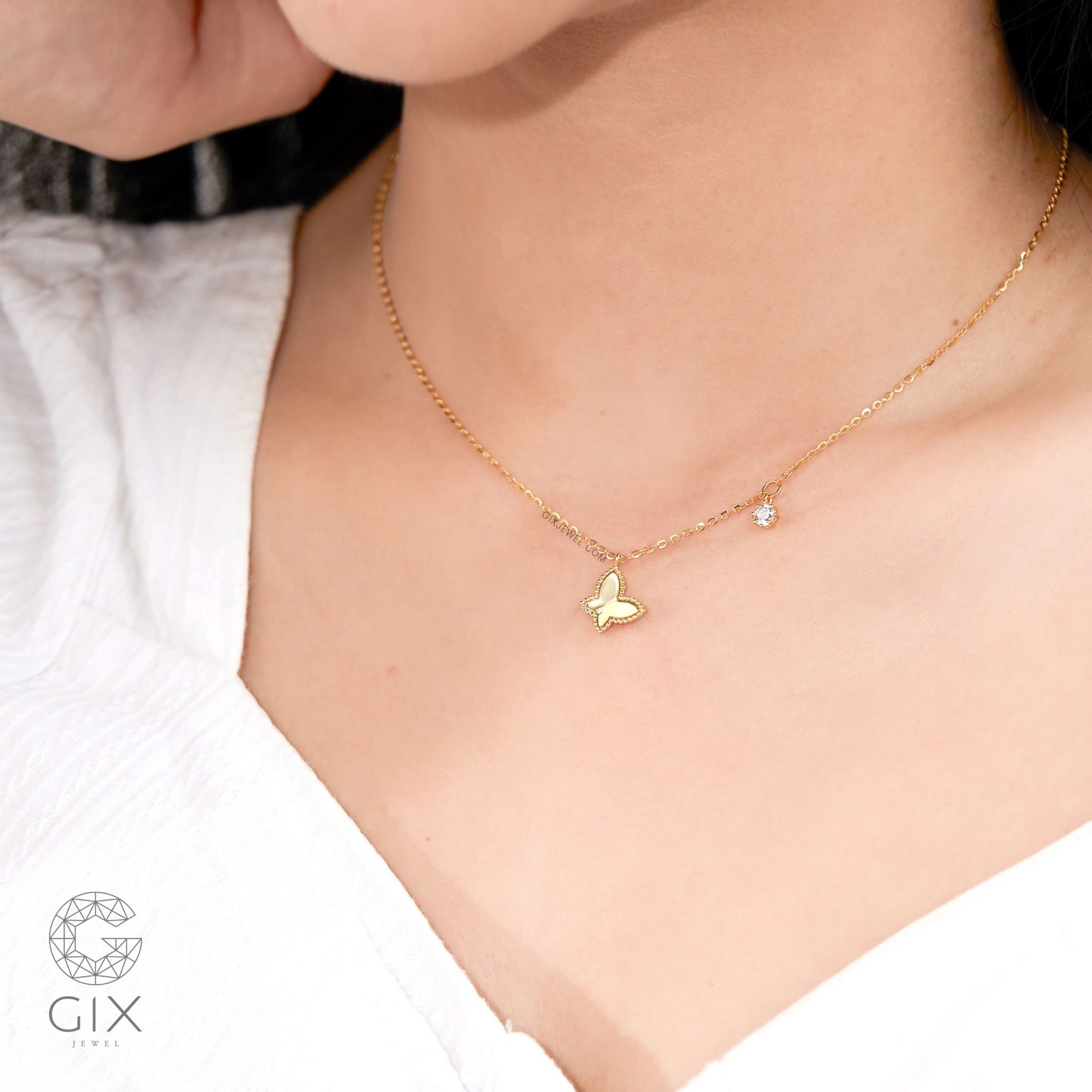 Vòng cổ kim cương nữ vàng 18k đẹp dễ thương sợi nhỏ hình cánh bướm Gix Jewel