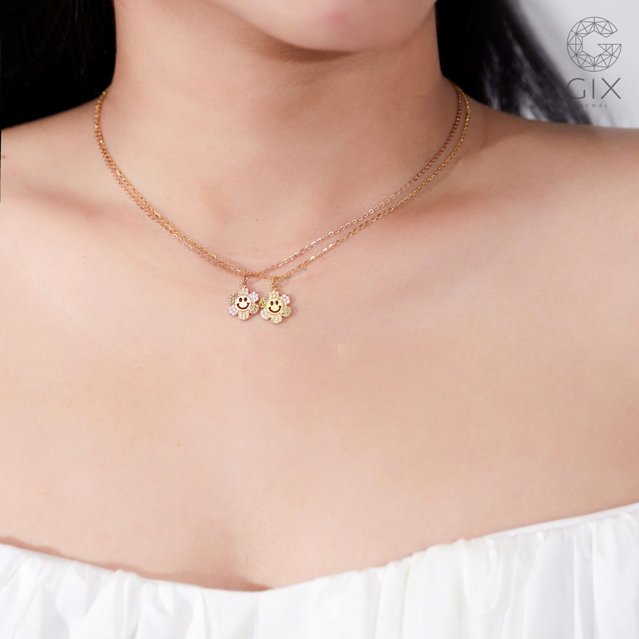 Dây chuyền vàng tây nữ 18k 10k thiết kế hình bông hoa mặt cười đính đá Gix Jewel