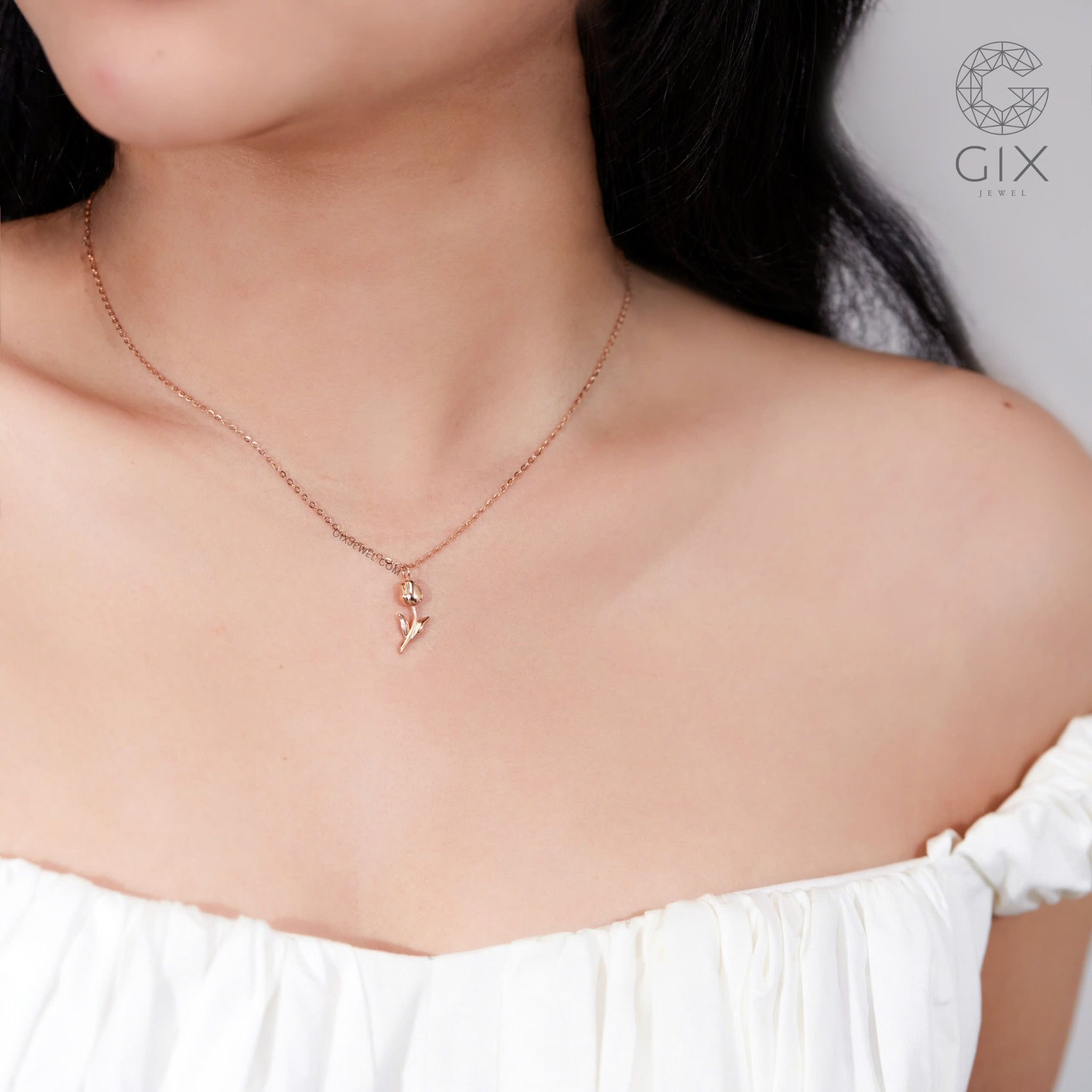 Dây chuyền vàng tây nữ 18k 10k bạc ý 925 hình hoa tulip đính đá cao cấp Gix Jewel