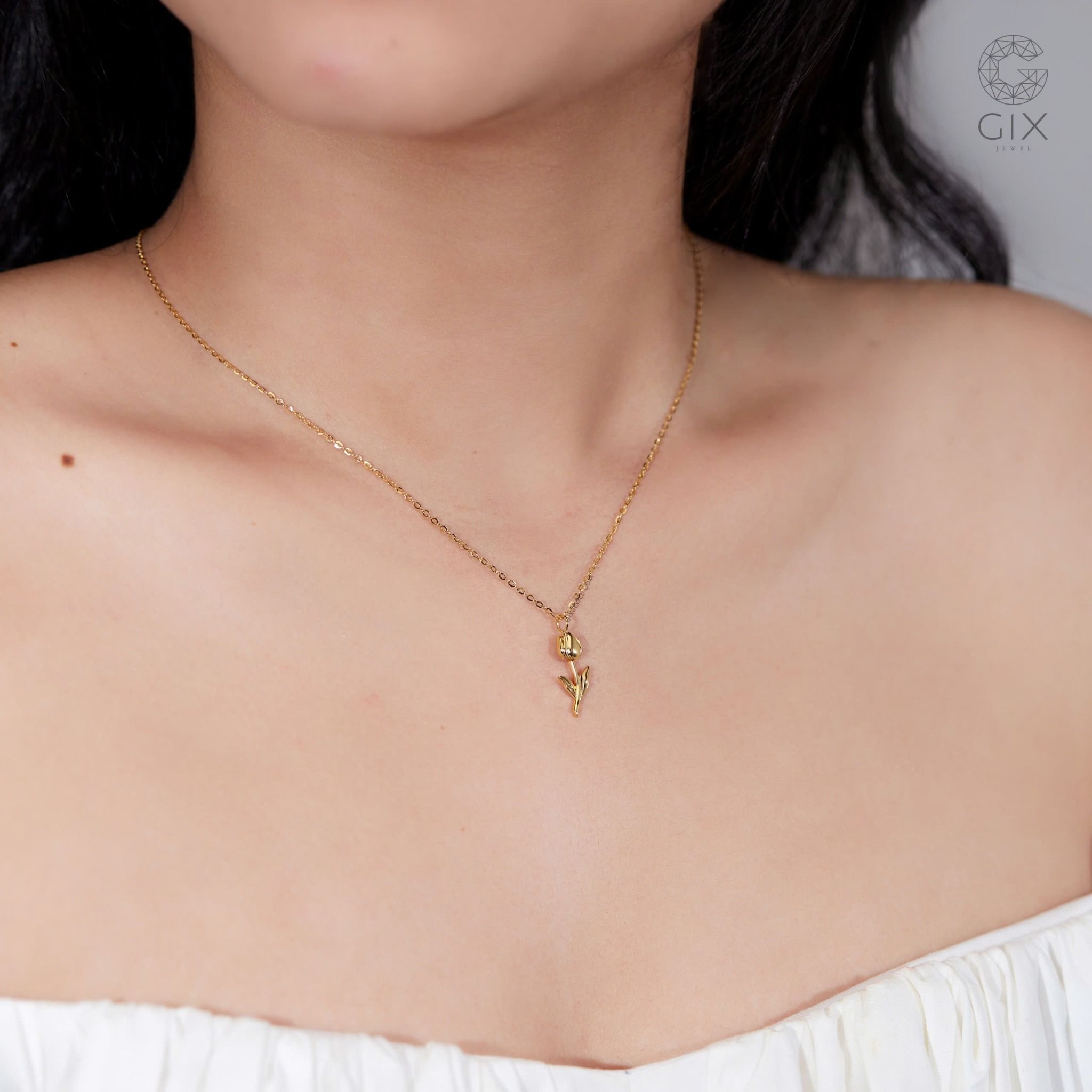 Dây chuyền vàng tây nữ 18k 10k bạc ý 925 hình hoa tulip đính đá cao cấp Gix Jewel