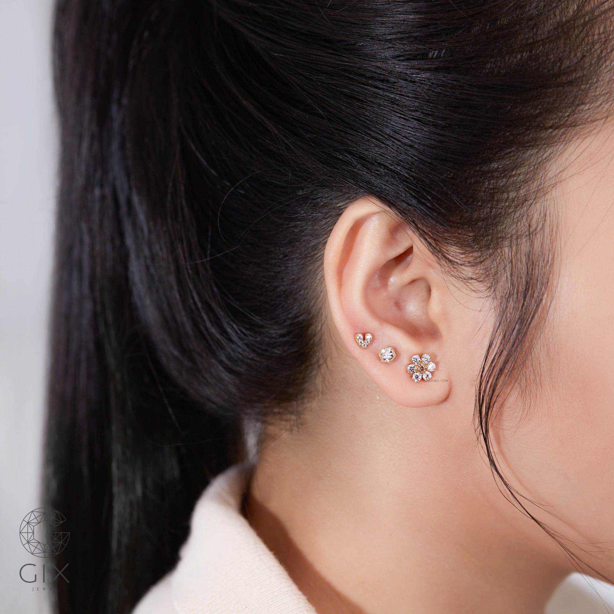 Bông tai vàng trắng bạc xi bạch kim đơn giản dạng nụ đính đá cho nữ Gix Jewelry
