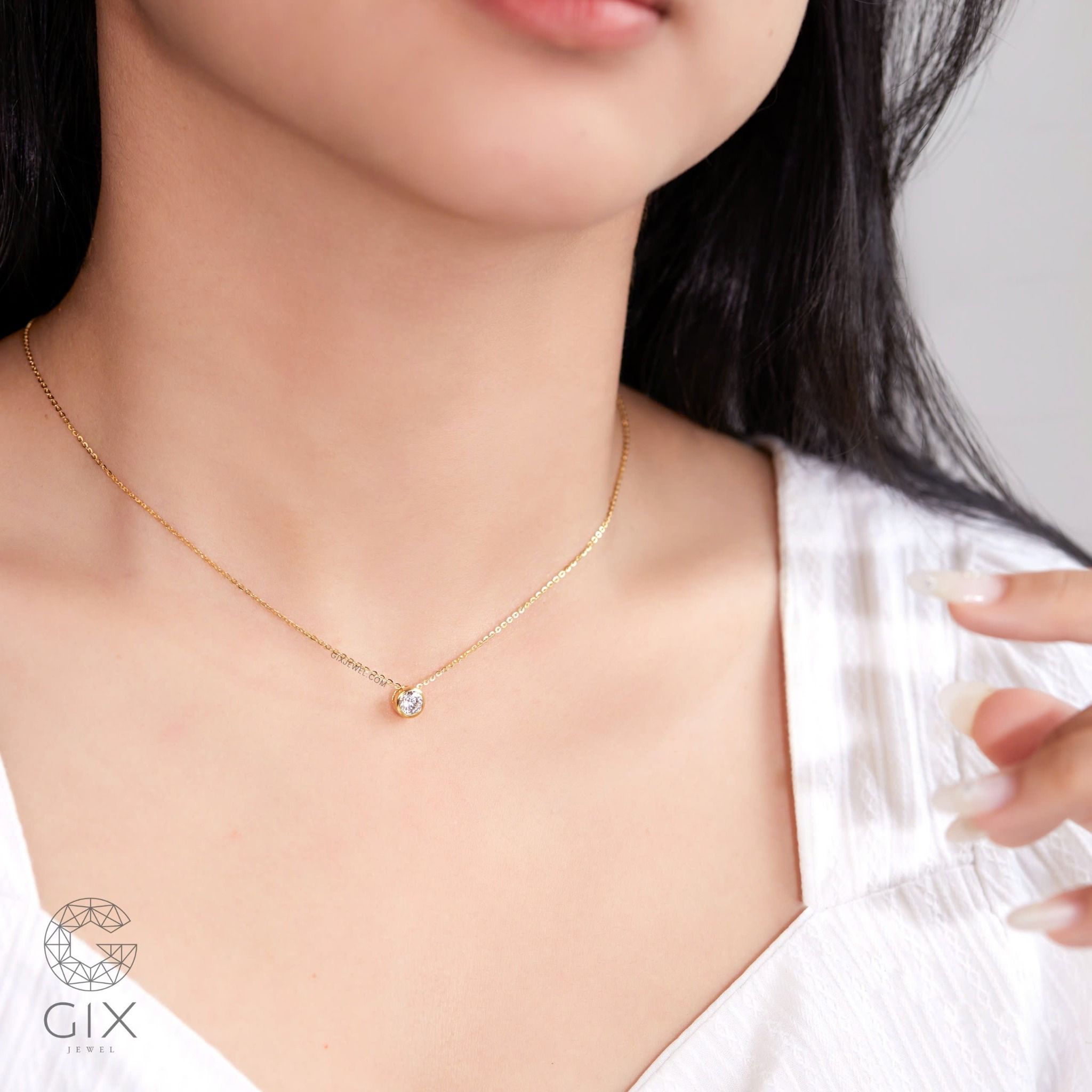 Dây chuyền vàng trắng bạc ý nữ đẹp sợi mảnh hạt tròn đính kim cương Gix Jewel