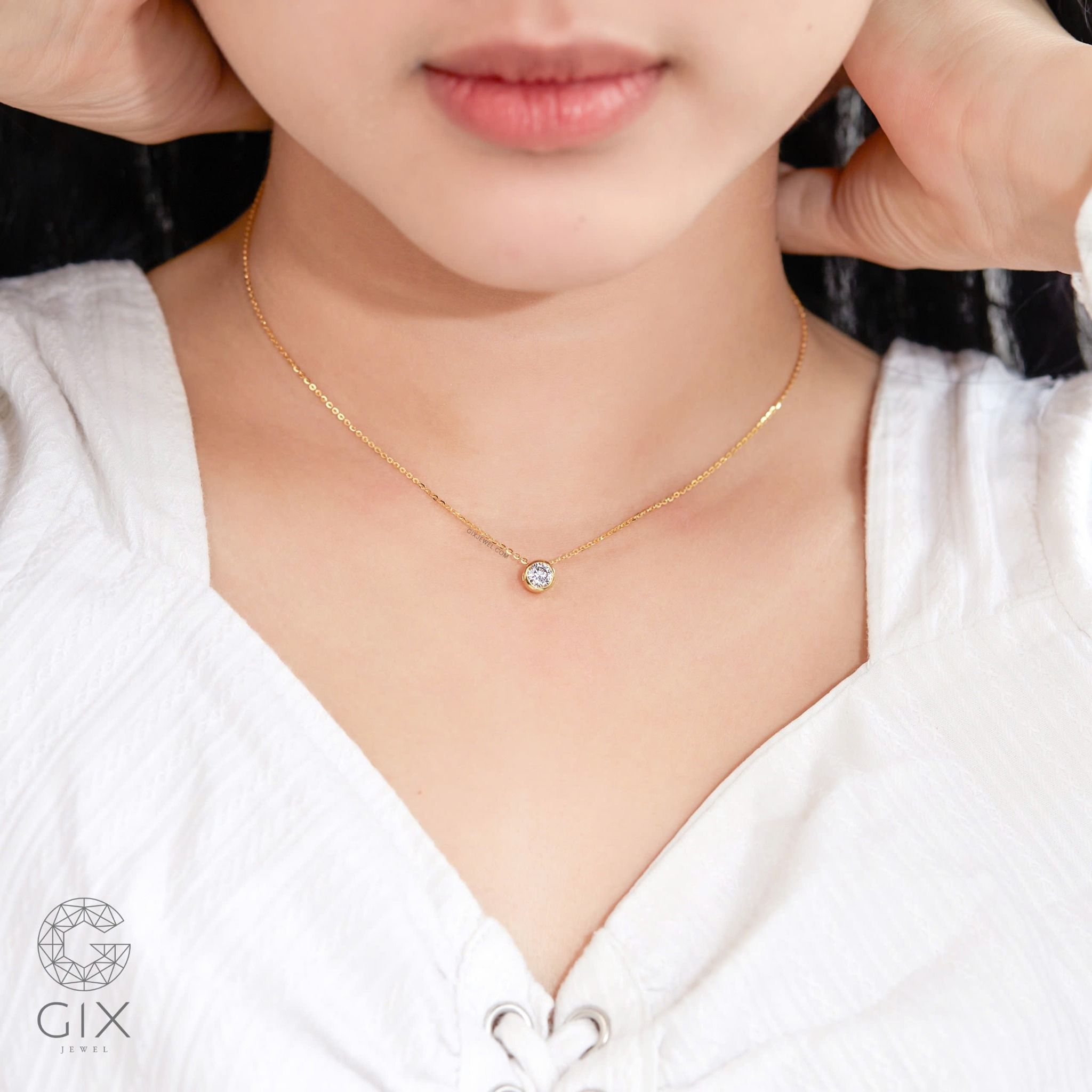 Dây chuyền vàng trắng bạc ý nữ đẹp sợi mảnh hạt tròn đính kim cương Gix Jewel