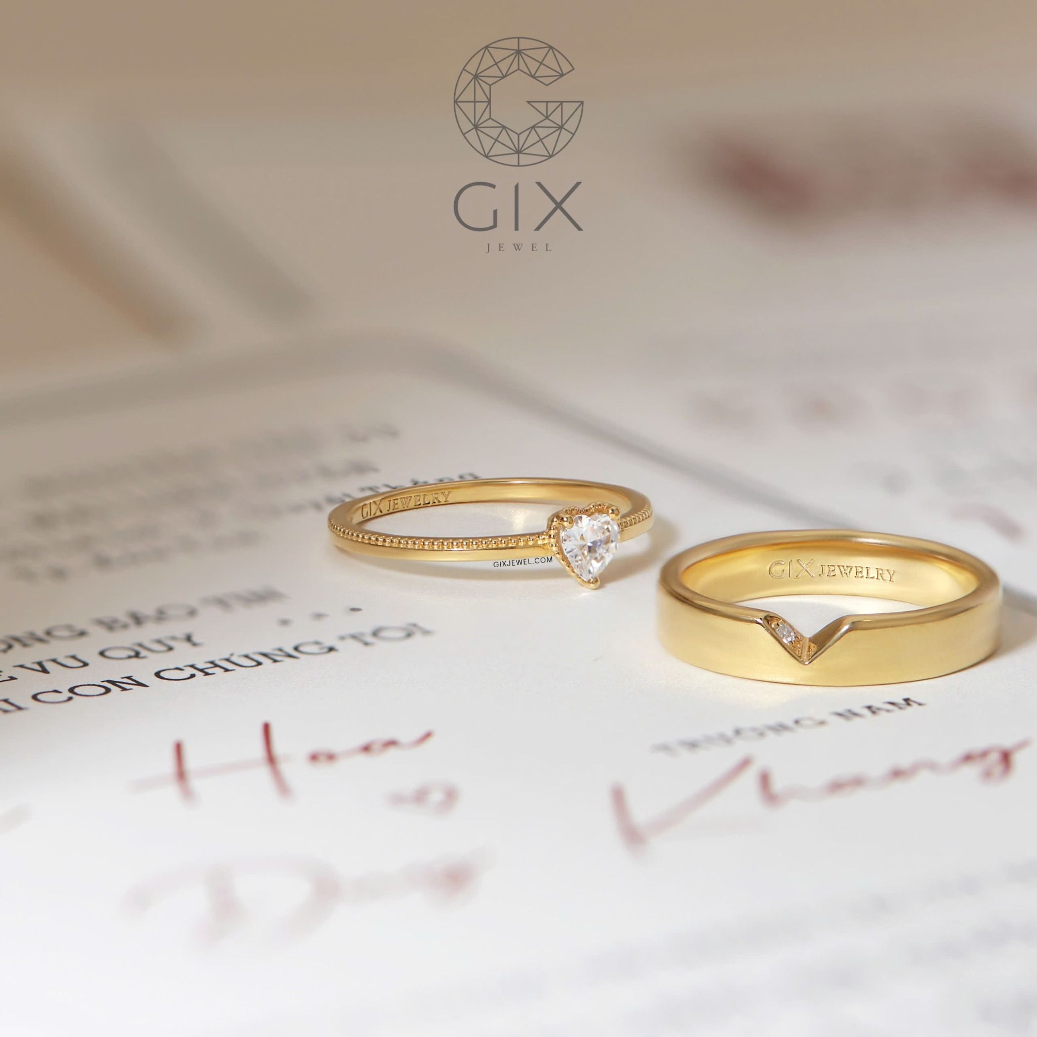Nhẫn cầu hôn trơn đơn giản vàng 18k đẹp đính kim cương trái tim Gix Jewelry