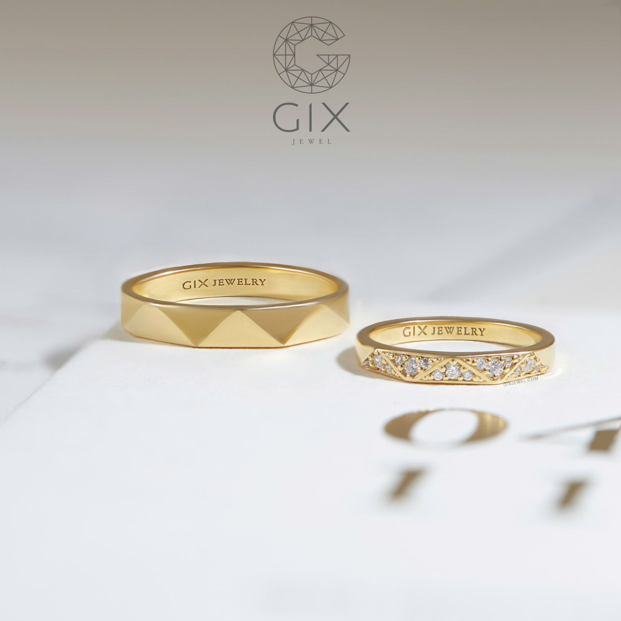 Nhẫn cưới vàng tây 18k thiết kế riêng mới nhất full kim cương tấm Gix Jewel