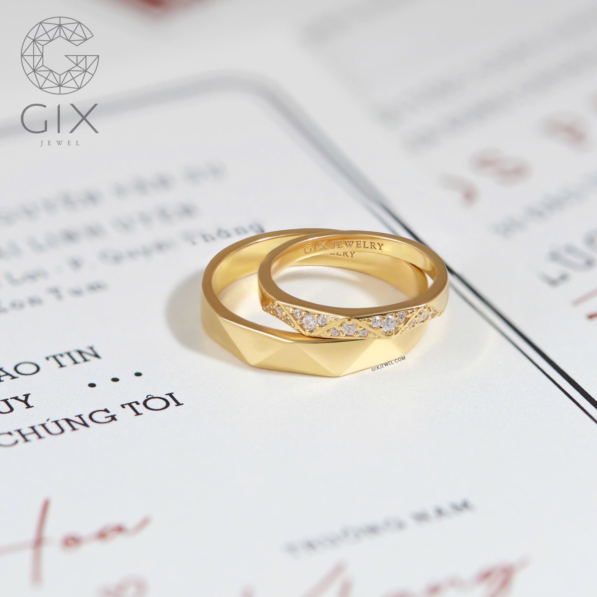 Nhẫn cưới vàng tây 18k thiết kế riêng mới nhất full kim cương tấm Gix Jewel