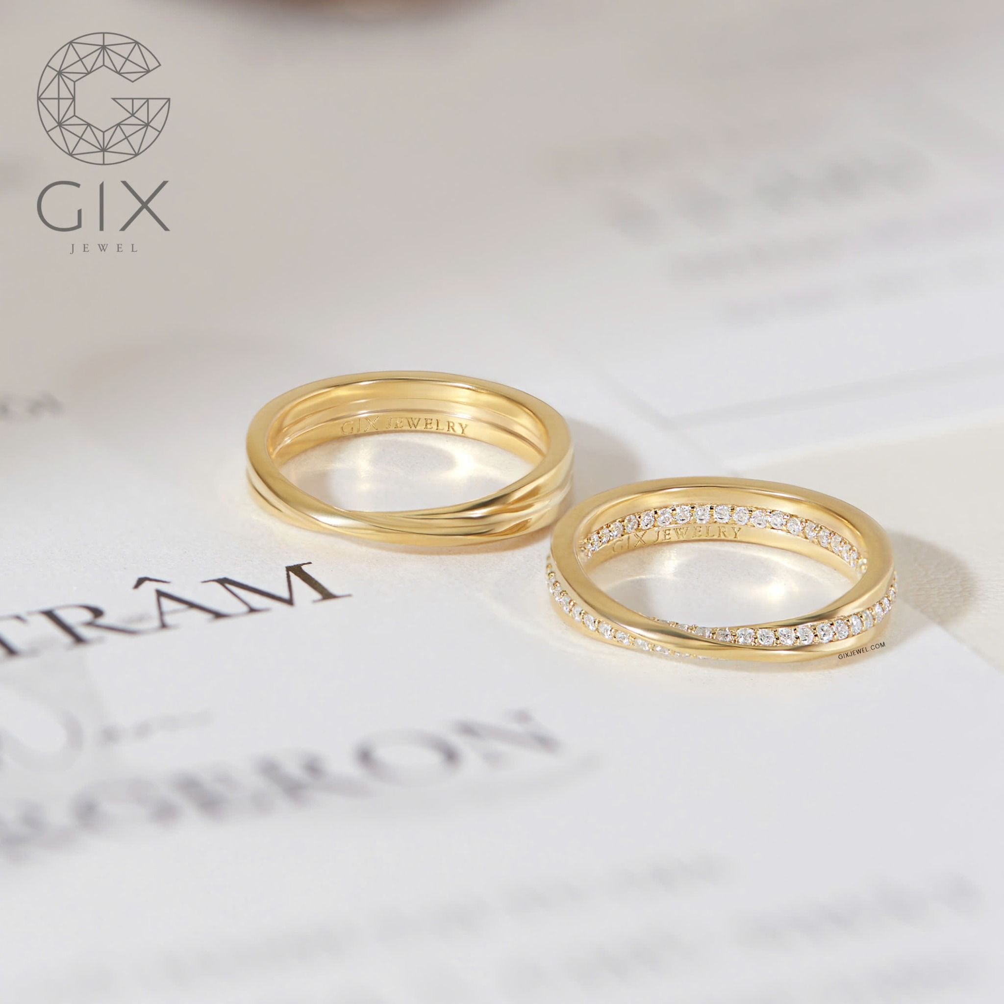 Nhẫn cưới cặp Mobius vô cực vàng trắng 18k đính kim cương hột xoàn đẹp Gix Jewel