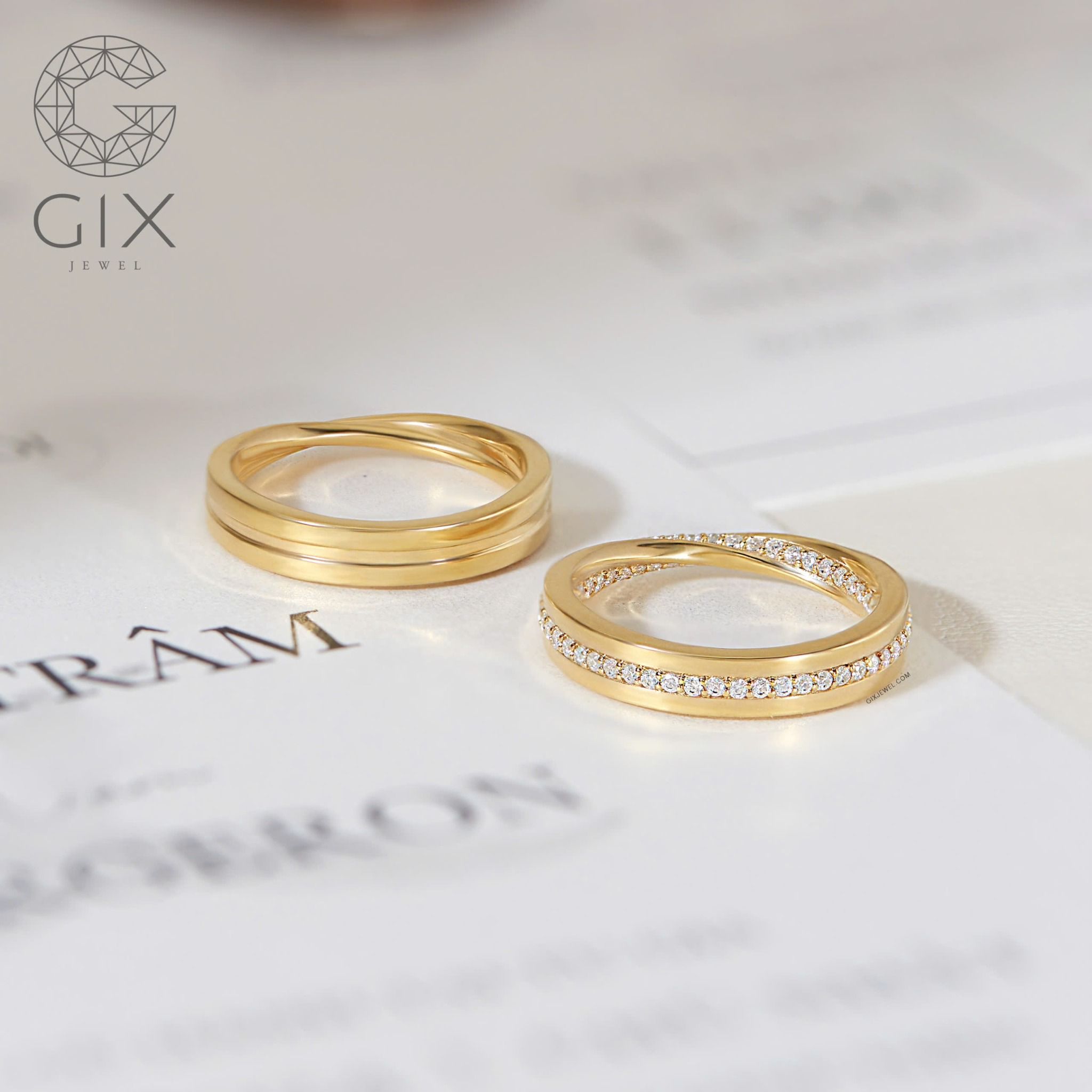 Nhẫn cưới cặp Mobius vô cực vàng trắng 18k đính kim cương hột xoàn đẹp Gix Jewel