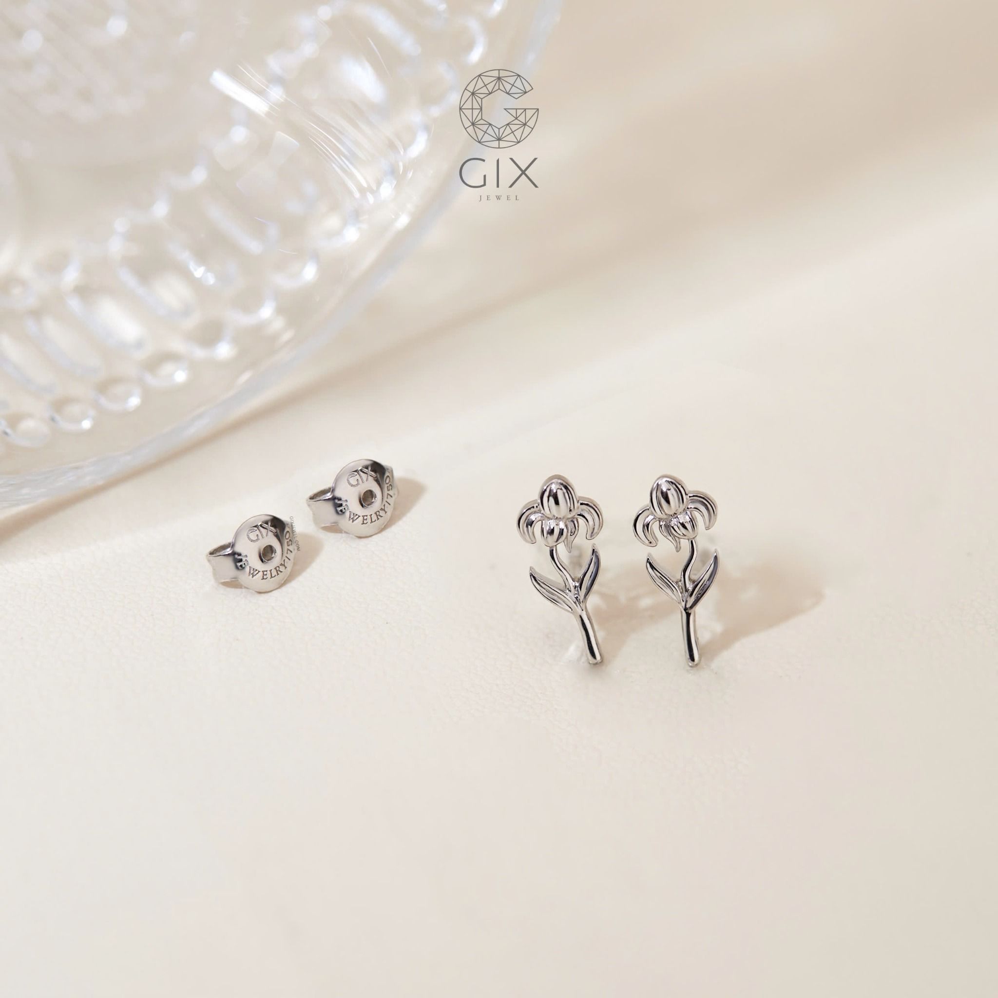 Bông tai nữ vàng ý 750 bạc xi bạch kim hình bông hoa diên vĩ lấp lánh Gixjewel