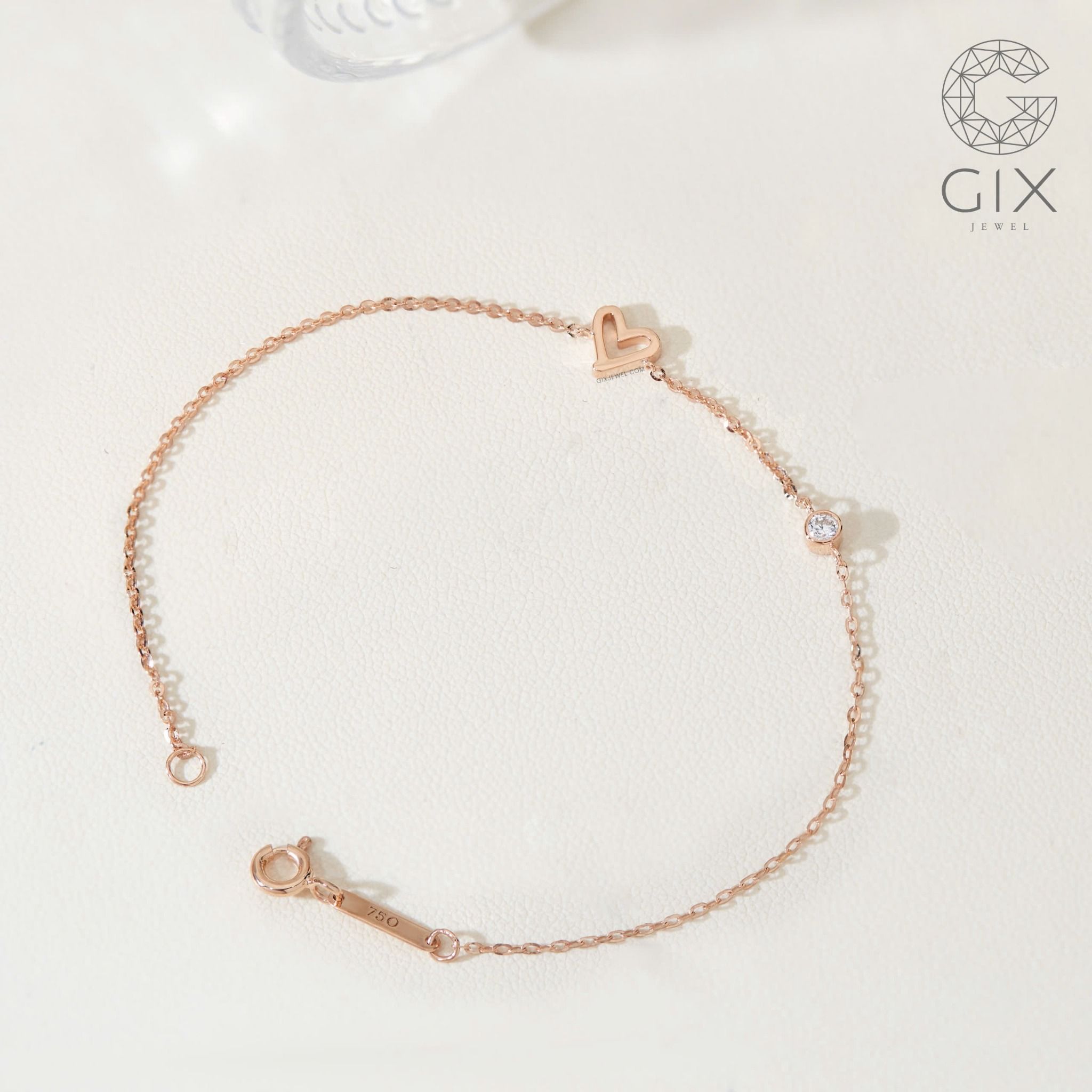 Lắc tay bạc nữ vàng 18k sợi chữ cong trái tim dễ thương đính kim cương Gix Jewelry