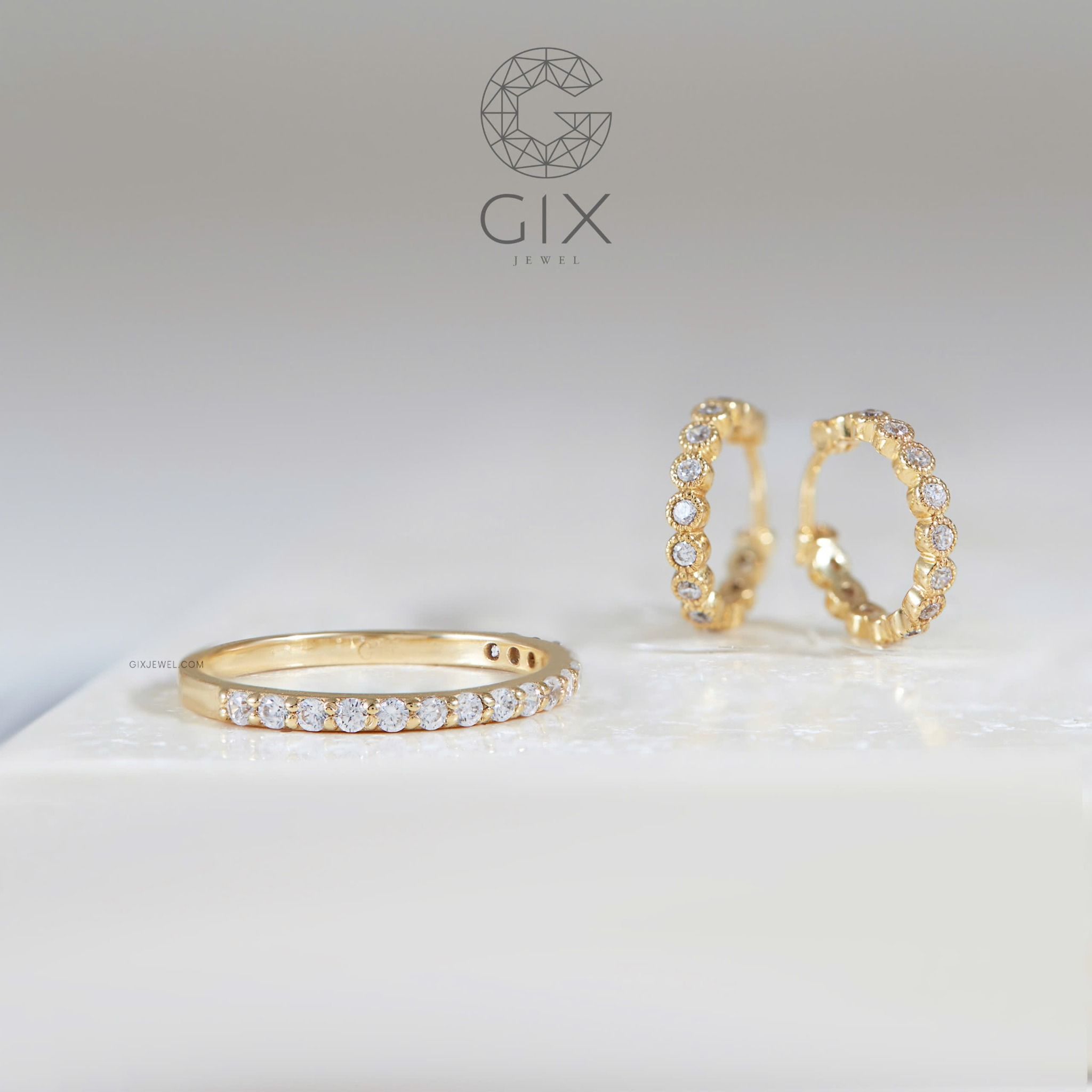 Hoa tai vàng 18k bạc khoen tròn sang chảnh kiểu mới đính hột xoàn Gixjewel