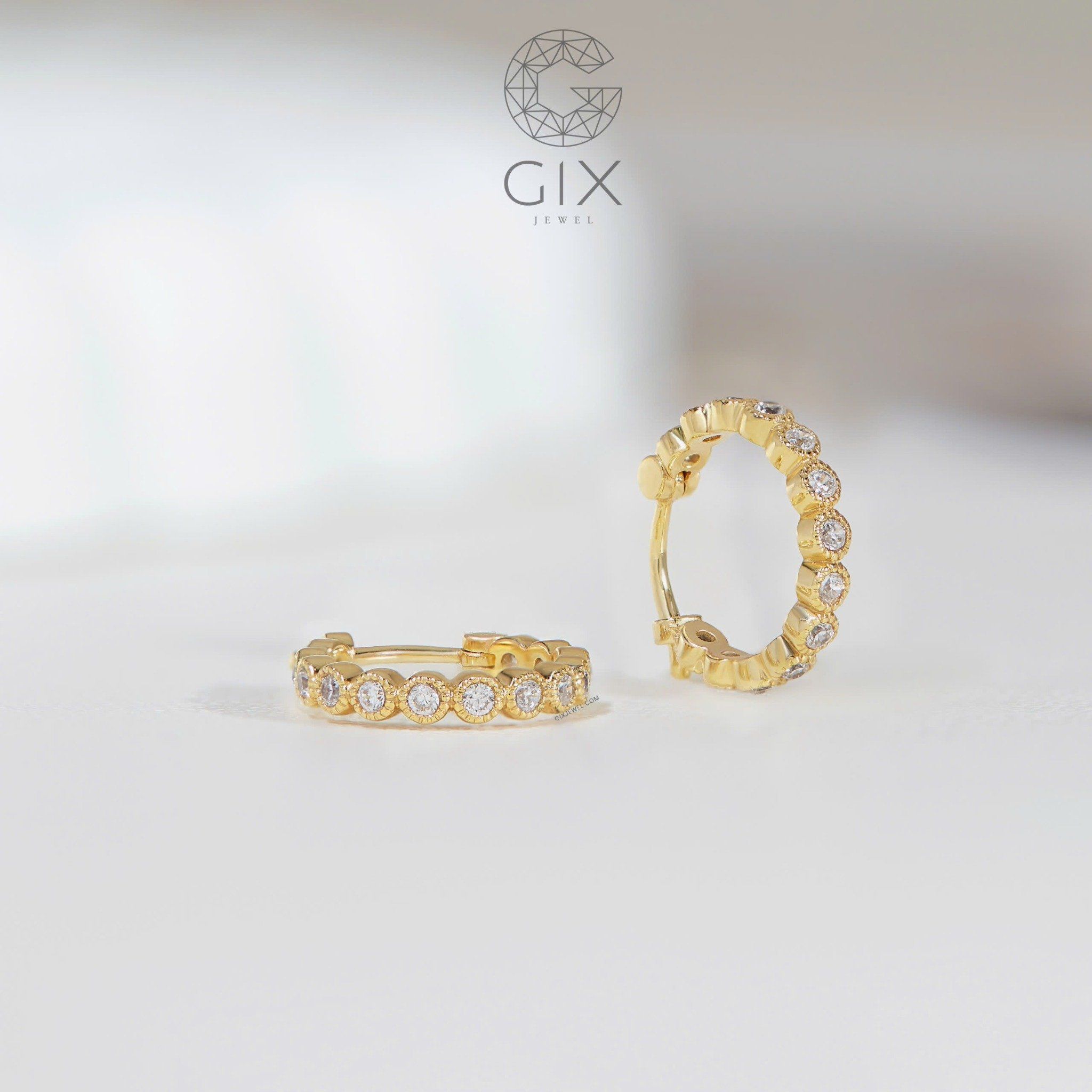 Hoa tai vàng 18k bạc khoen tròn sang chảnh kiểu mới đính hột xoàn Gixjewel