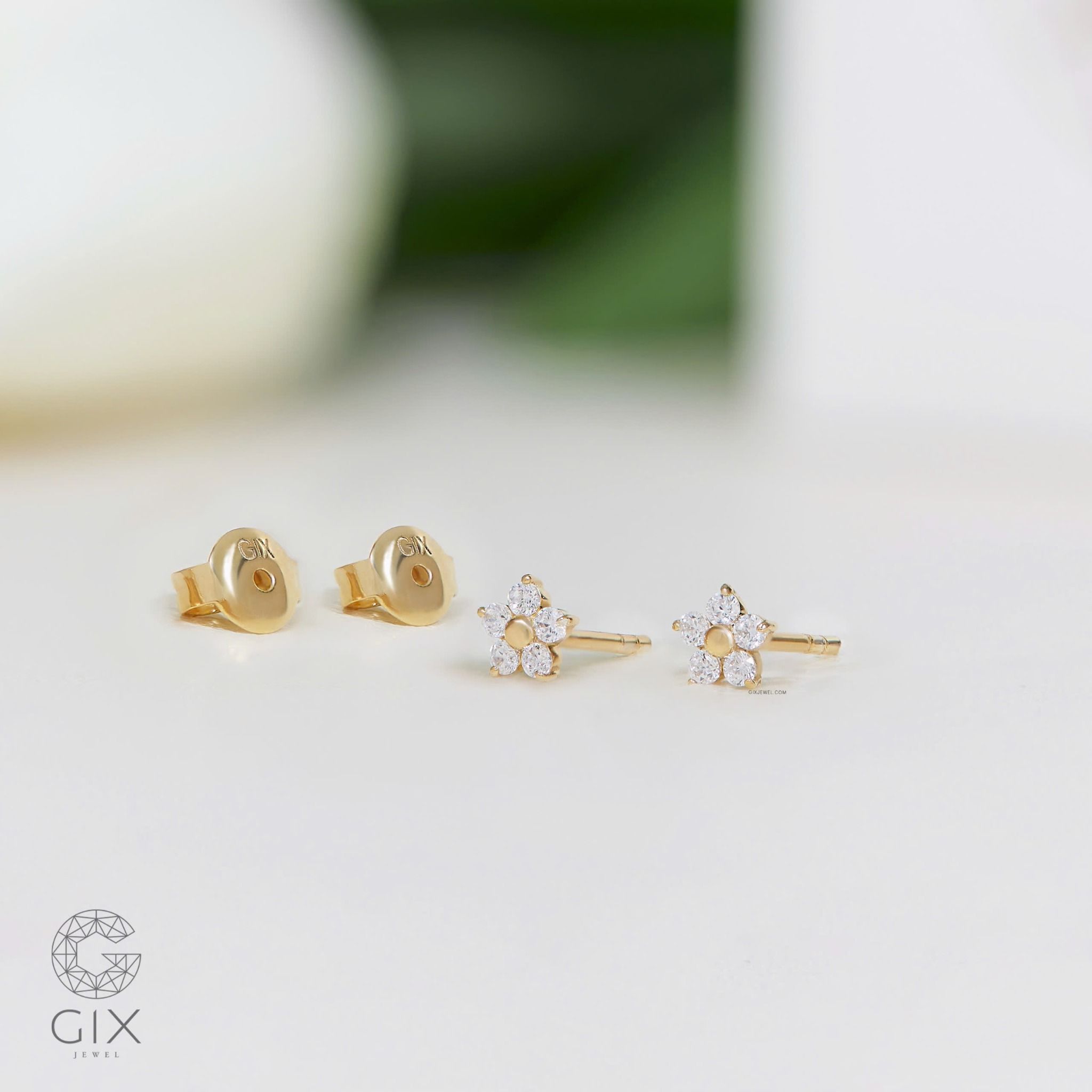 Bông tai hoa mai bạc vàng 18k đính đá cao cấp đeo sát tai Gix Jewel
