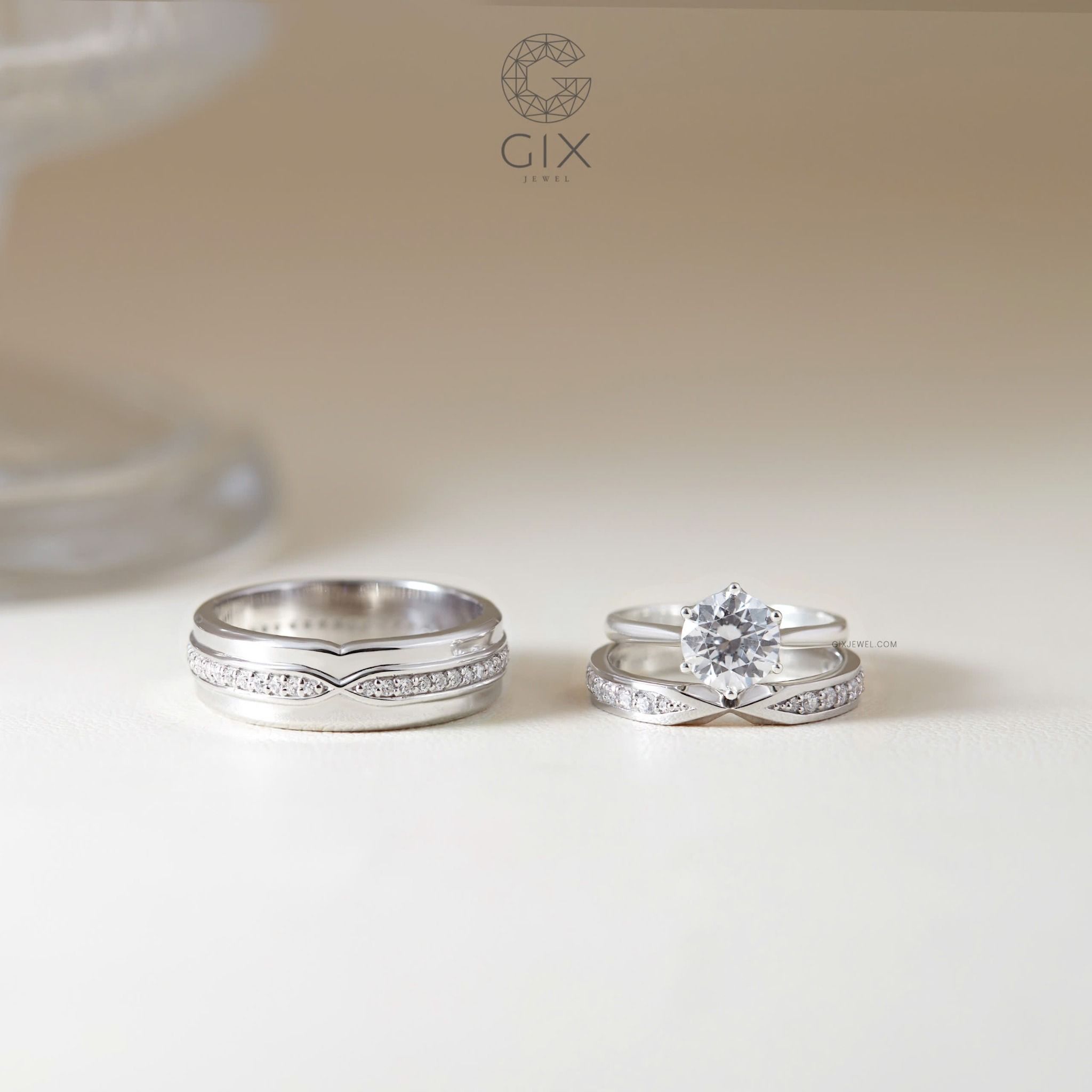 Cặp nhẫn cưới vàng hồng 18k vô cực theo phong thuỷ đính kim cương Gix Jewel