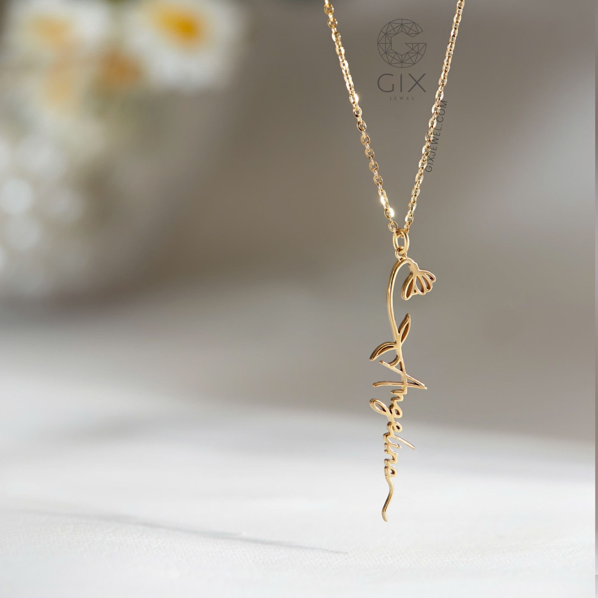 Vòng cổ mặt chữ vàng 18k bạc cao cấp khắc tên cho nữ đính kèm hình hoa Chuông Tuyết tháng 1 Gix