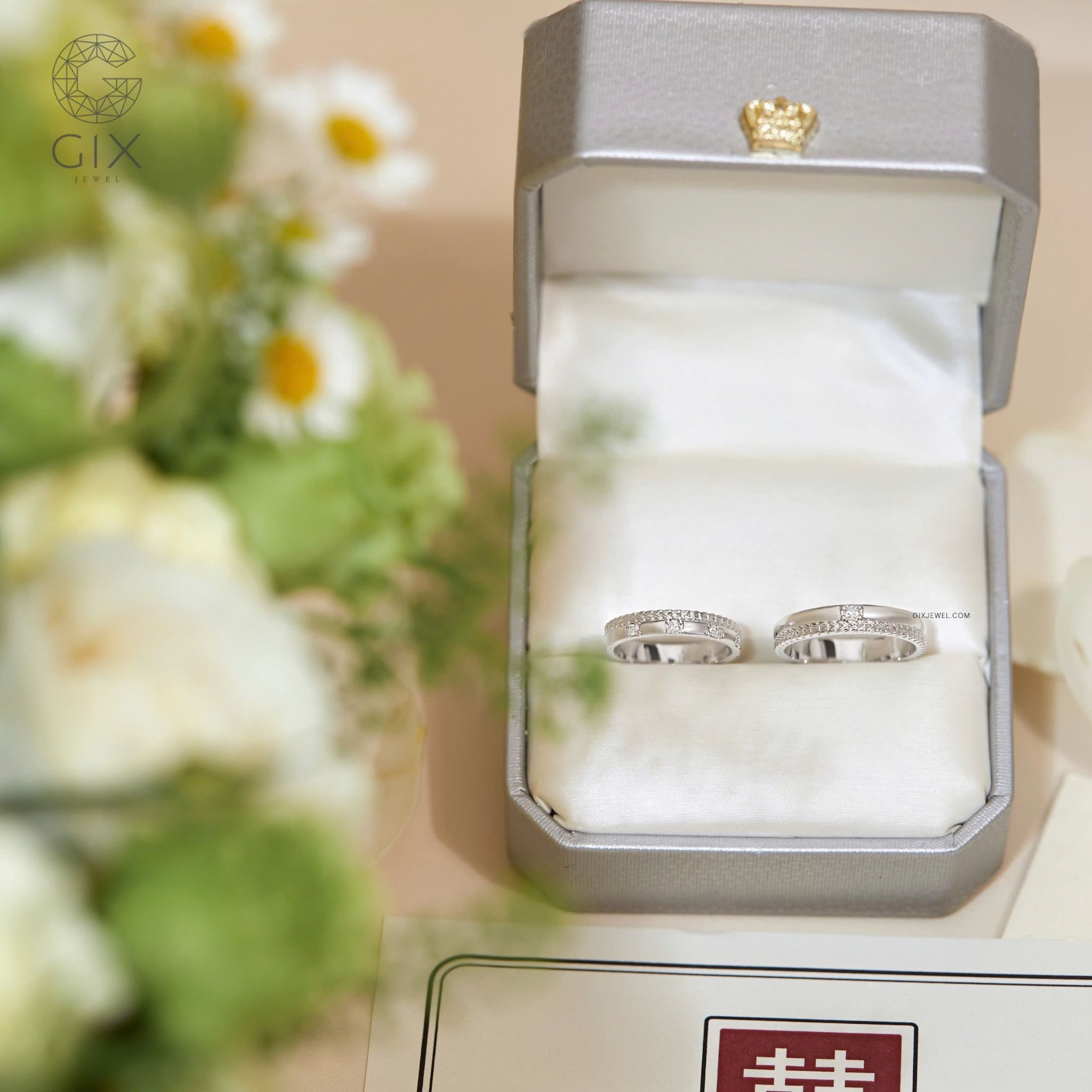 Nhẫn cưới kiểu mới 18k bản to đẹp hình vương miện đính đá Gix Jewel