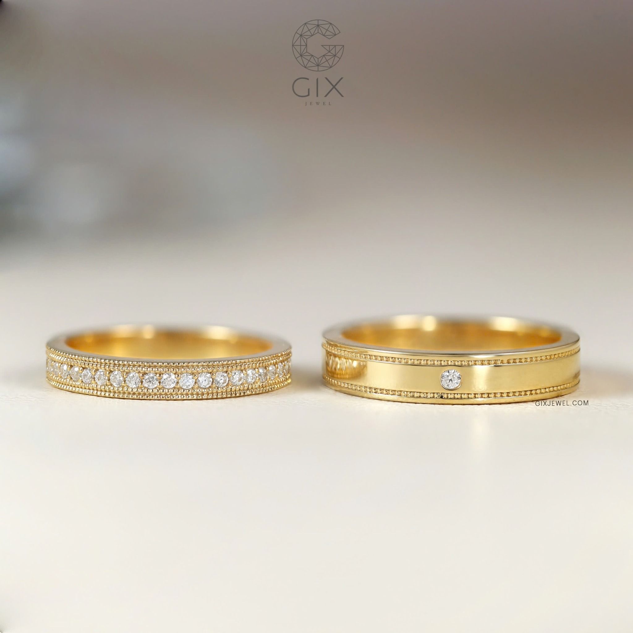 Nhẫn cưới platinum thiết kế đơn giản đẹp đính kim cương thiên nhiên khắc chữ Gix Jewel