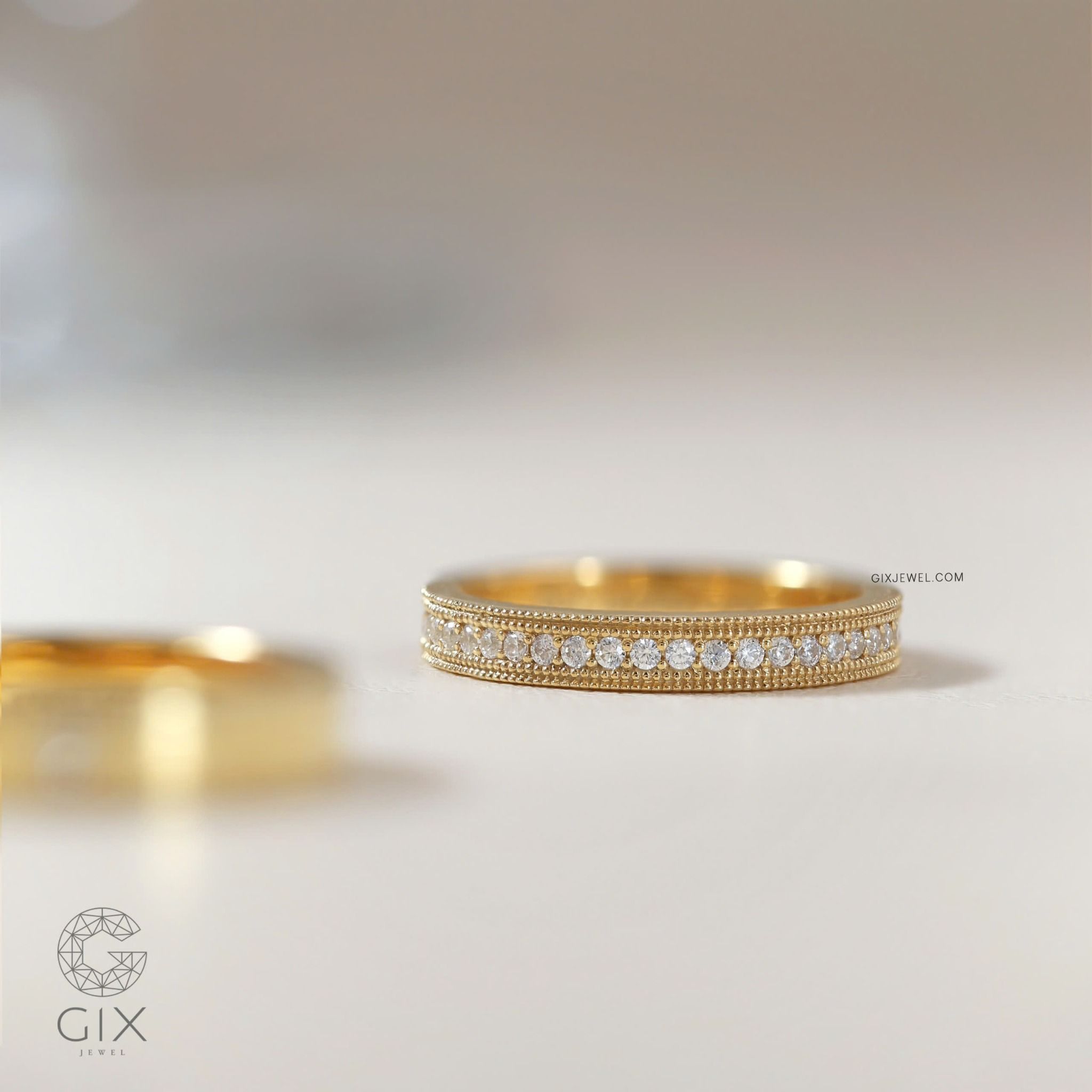 Nhẫn cưới platinum thiết kế đơn giản đẹp đính kim cương thiên nhiên khắc chữ Gix Jewel