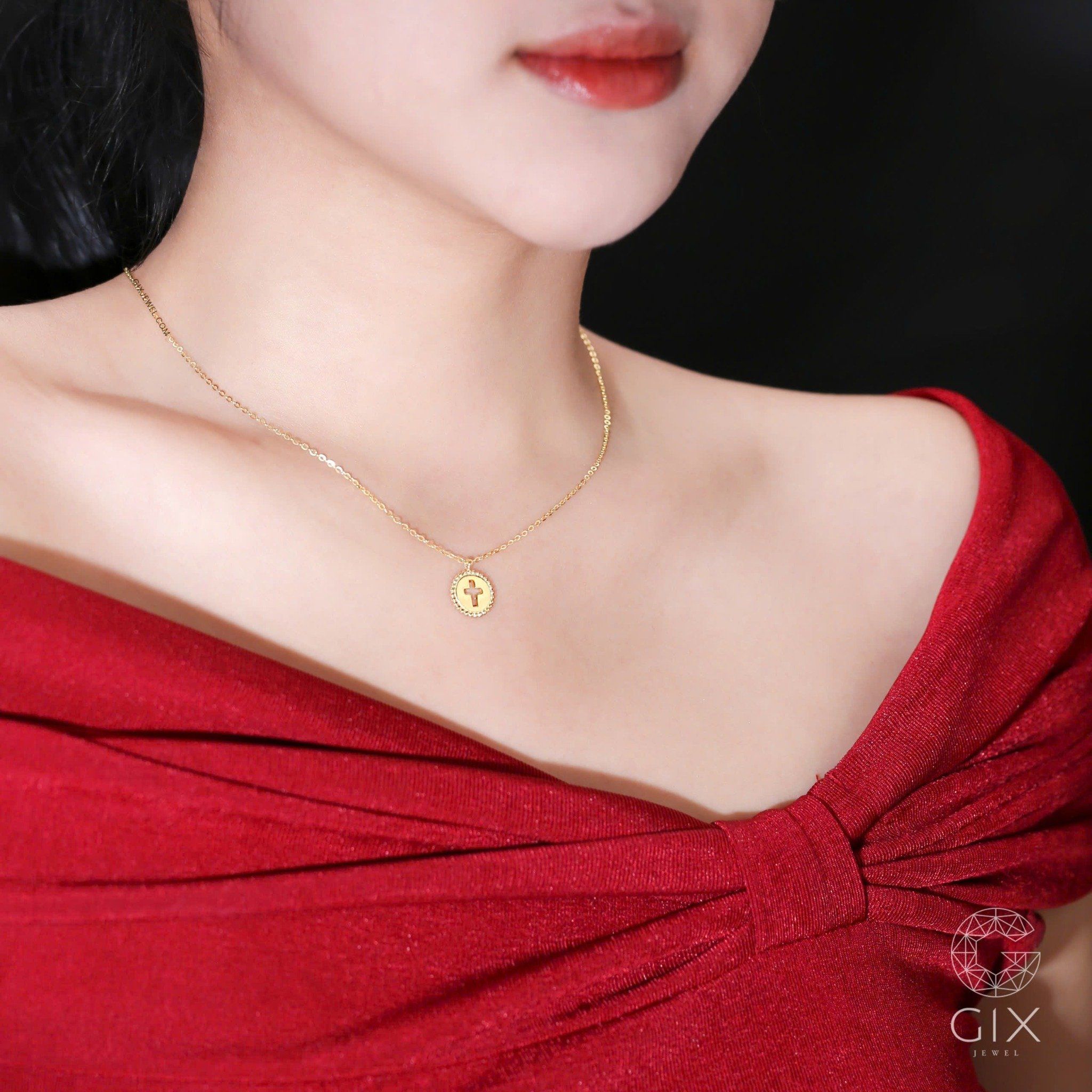 Dây chuyền thánh giá vàng hồng 18k sợi bạc mảnh dáng dài đính đá cao cấp Gix Jewel