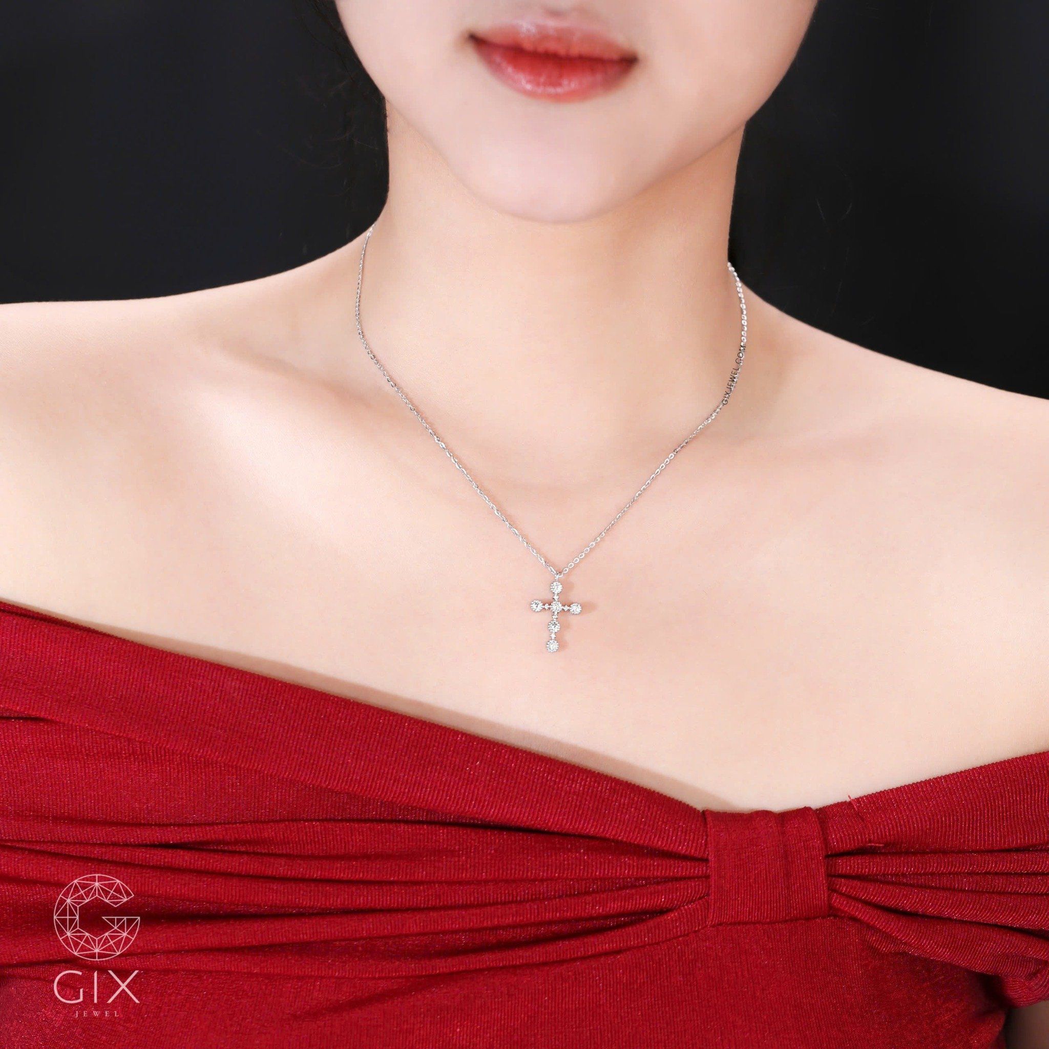 Mặt dây chuyền thánh giá vàng trắng bạc đơn giản nam nữ đeo choker layer đính kim cương