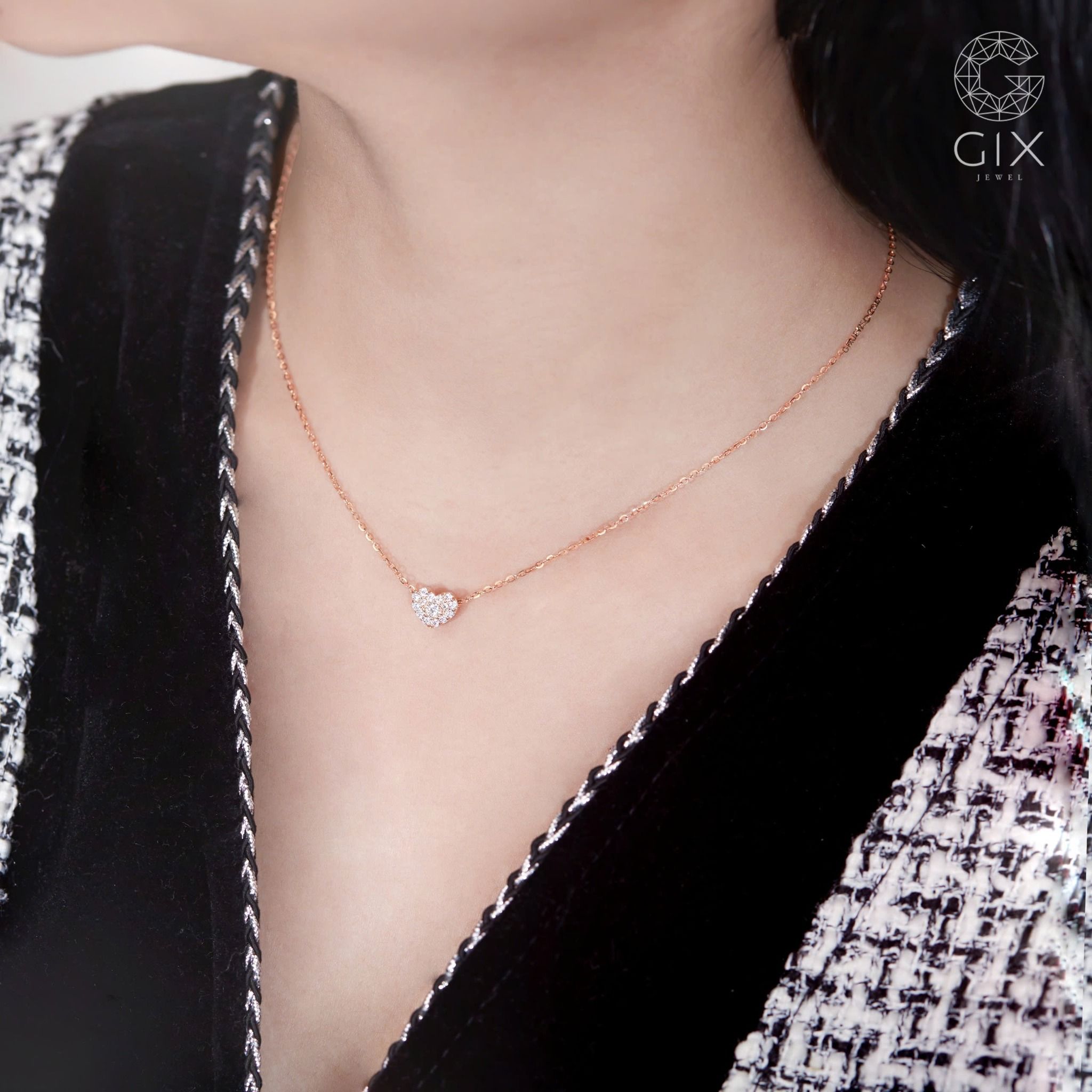 Dây chuyền vàng hồng 18k bạc ý 925 nữ đẹp hình trái tim ôm sát cổ đính kim cương nhân tạo Gix Jewel