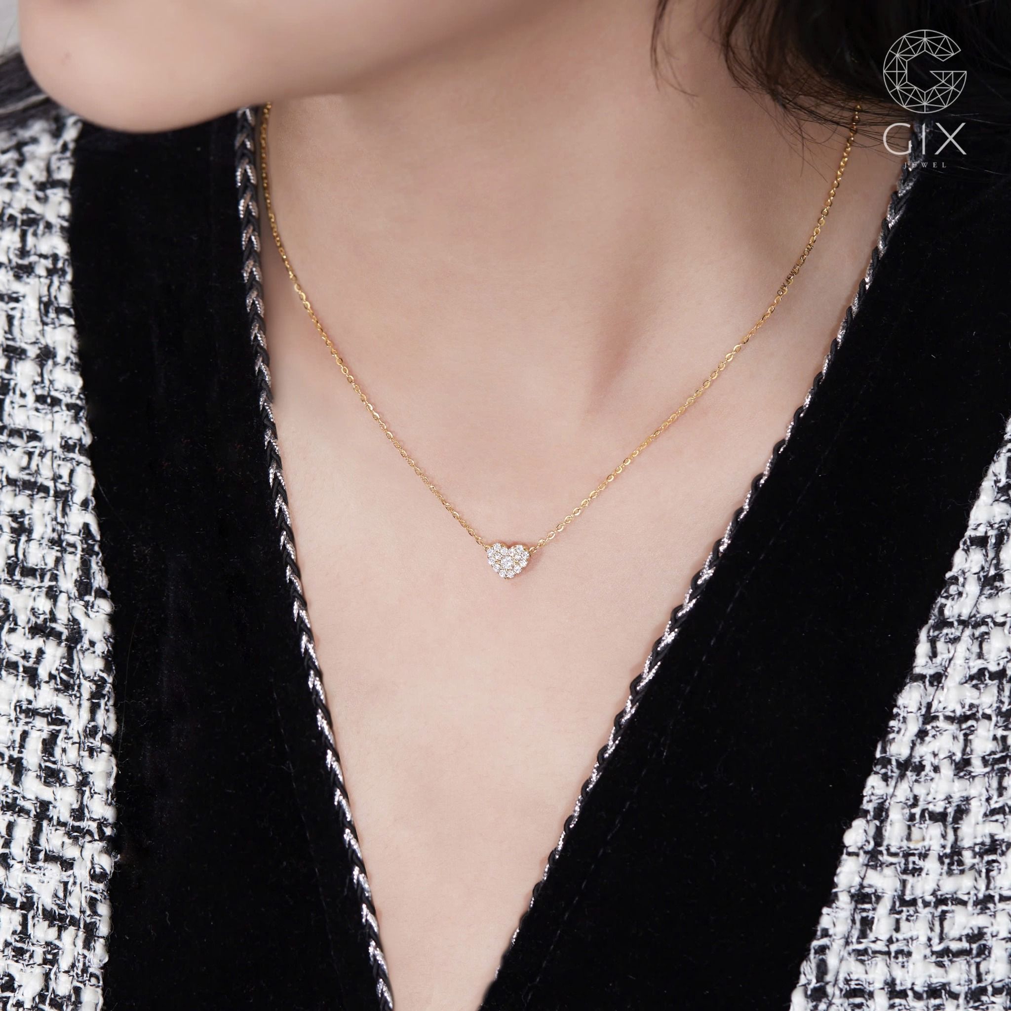 Dây chuyền vàng hồng 18k bạc ý 925 nữ đẹp hình trái tim ôm sát cổ đính kim cương nhân tạo Gix Jewel