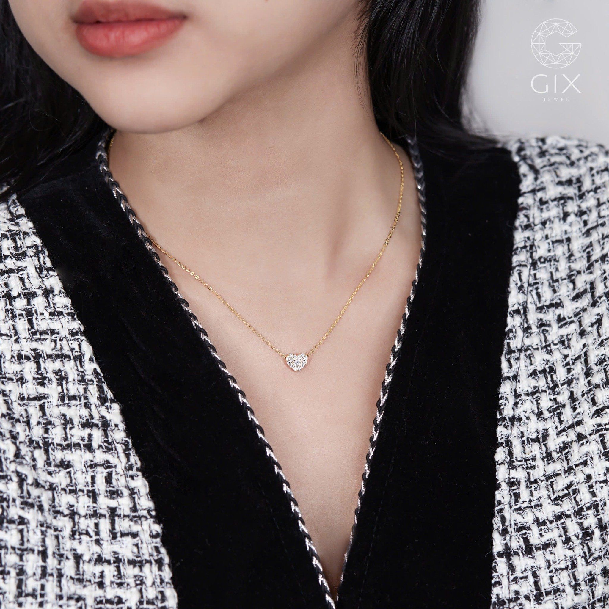 Dây chuyền vàng hồng 18k bạc ý 925 nữ đẹp hình trái tim ôm sát cổ đính kim cương nhân tạo Gix Jewel