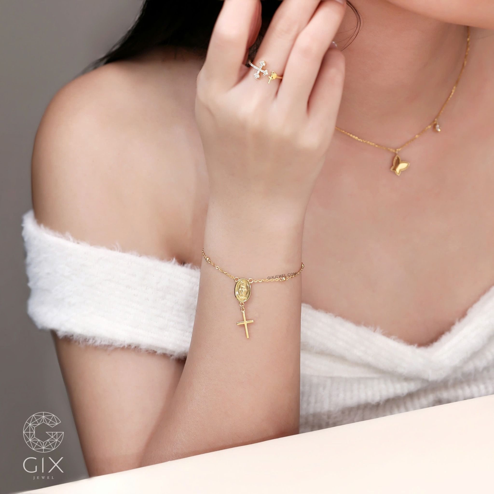 Lắc tay thánh giá kèm bi tròn vàng 18k bạc nữ cao cấp hình chữ thập kiểu mới Gix Jewel