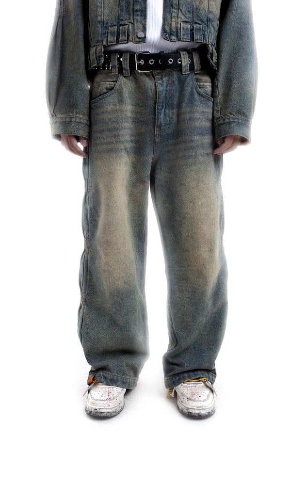 PLEATED WASH DENIM PANTS