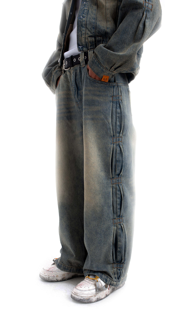  PLEATED WASH DENIM PANTS 