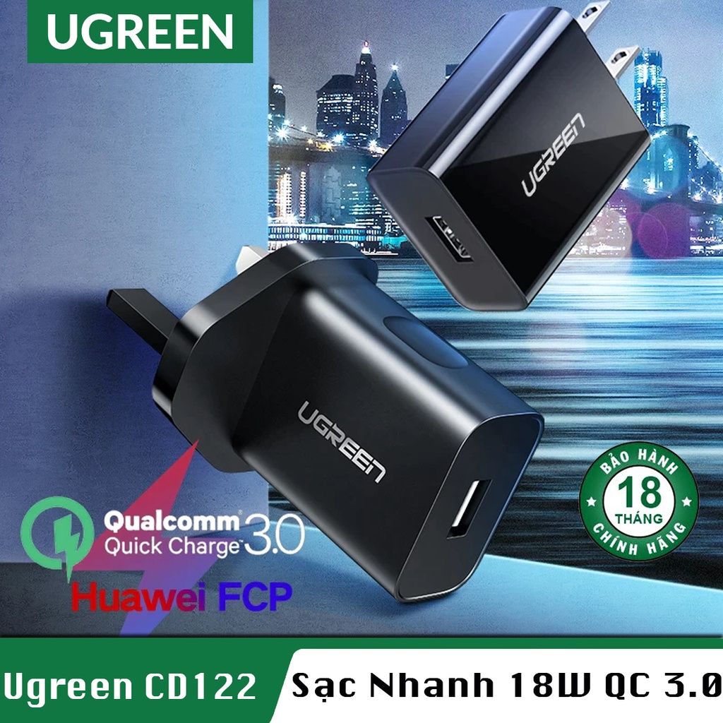  Củ Sạc Nhanh 18W QC 3.0 Ugreen CD122 Dùng Cho ĐT Iphone, Samsung, Huawei, Oppo ... BH 18T Chính Hãng 