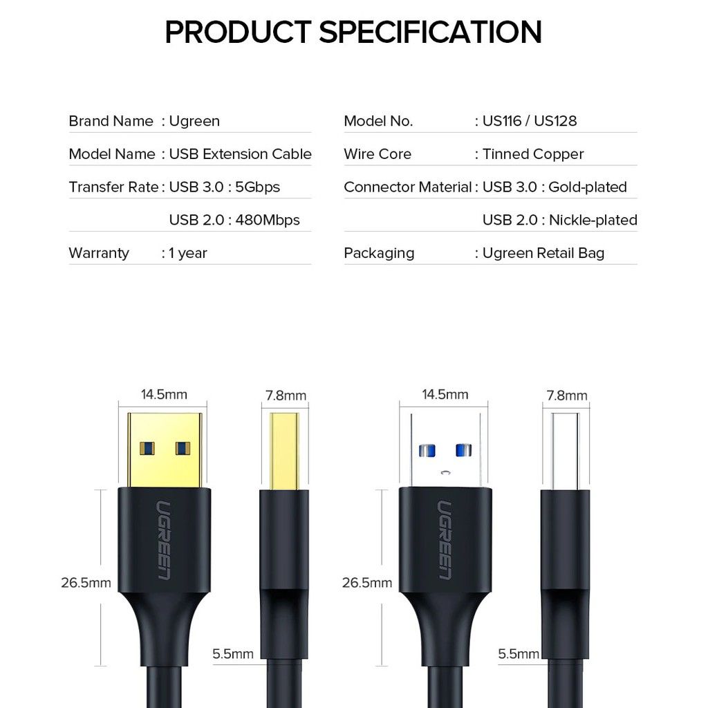  Cáp USB 3.0 link 2 đầu đực Cao Cấp UGREEN US128- BH 18T Chính Hãng 