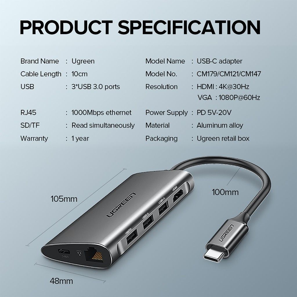  Hub USB Type-C ra HDMI, VGA, USB 3.0, RJ45, TF/SD Card Cao Cấp UGREEN CM179 