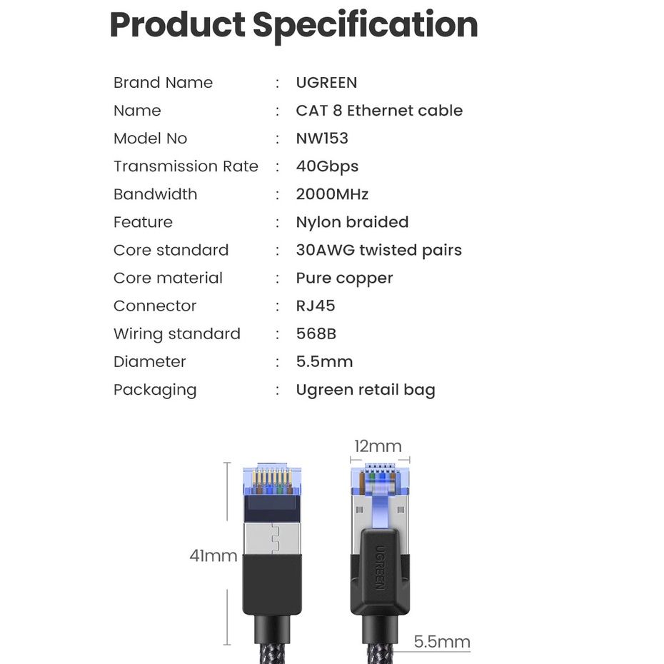  Cáp Mạng Lan CAT8 40Gpbs Cao Cấp Ugreen - Hàng Chính Hãng - Bảo Hành 18 Tháng Đổi Mới 