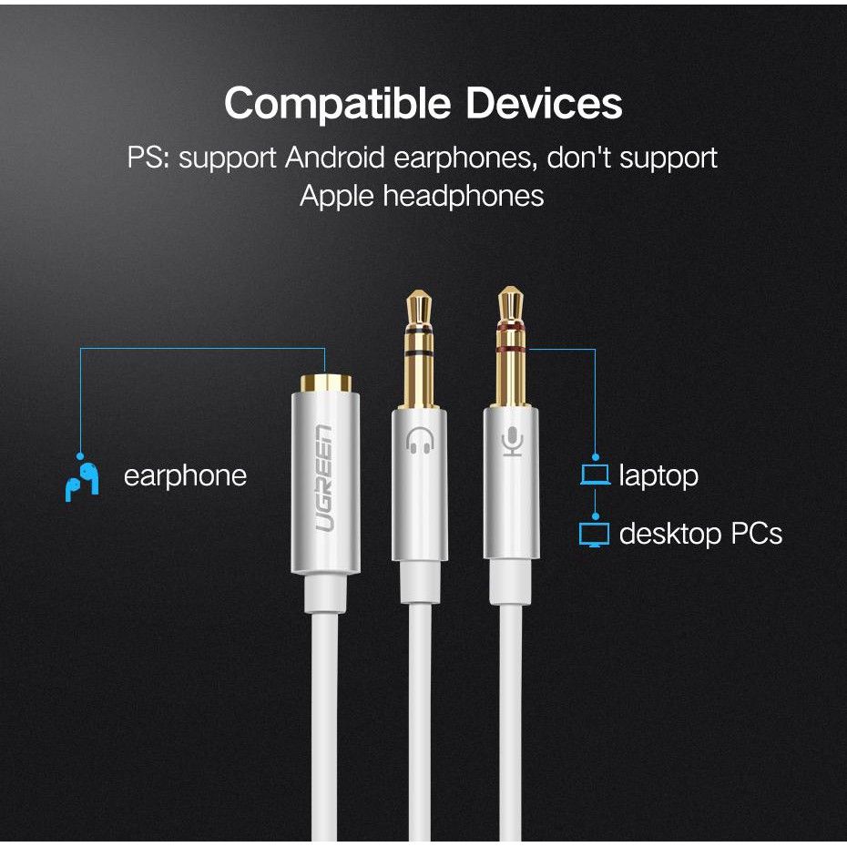  Cáp kết nối tai nghe có Mic với Laptop có 2 cổng Headphone và Mic Ugreen AV140 Chính Hãng 