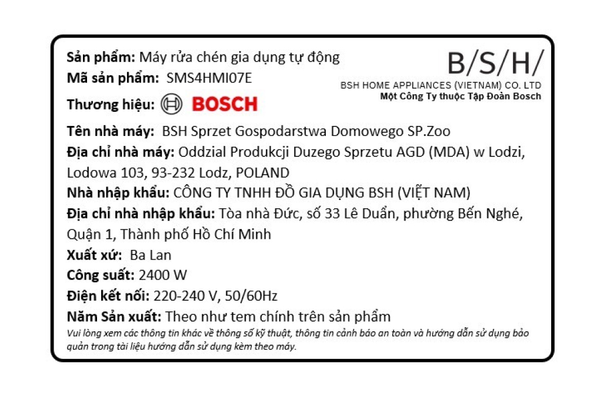 Máy rửa chén độc lập Bosch SMS4HMI07E