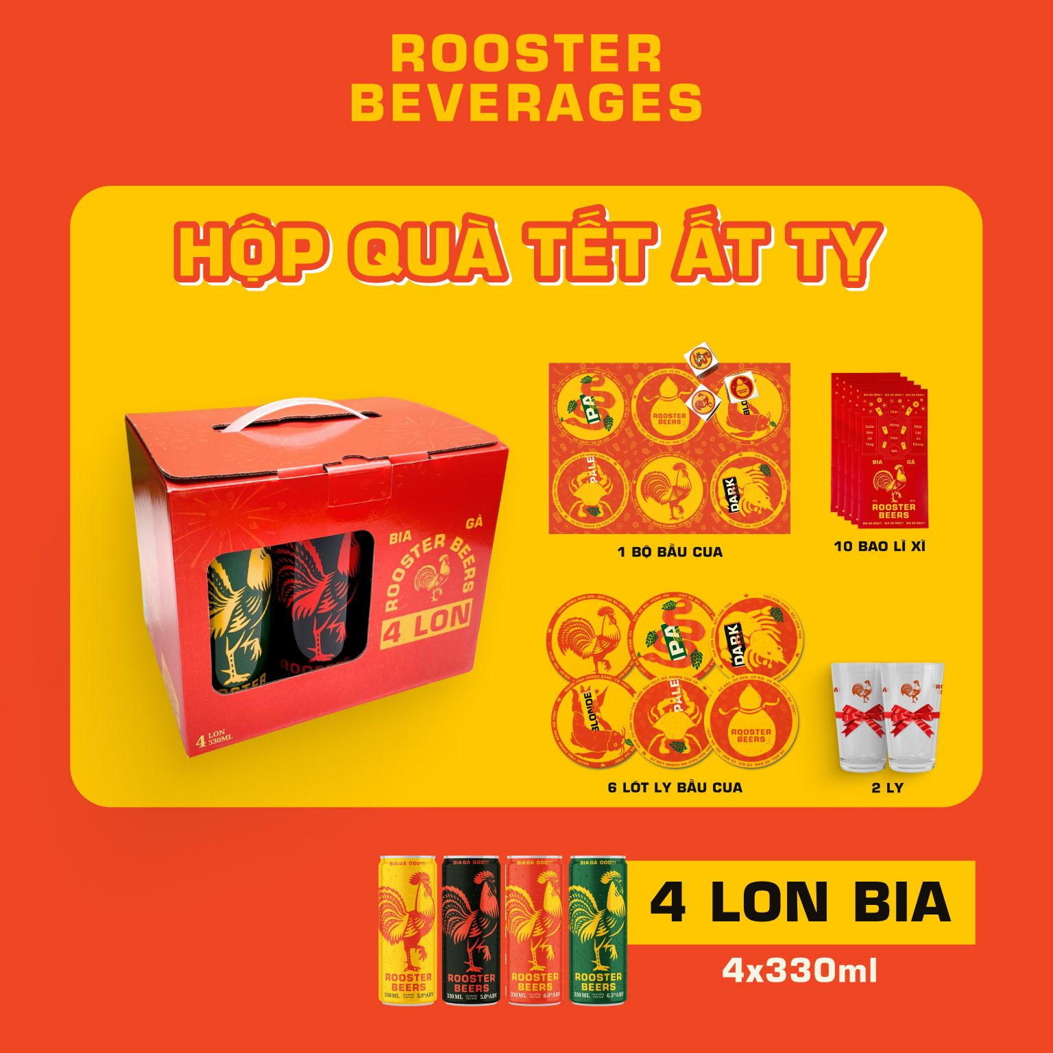 Hộp Quà Tết Bia thủ công | Rooster Beers 4 Lon x 330ml