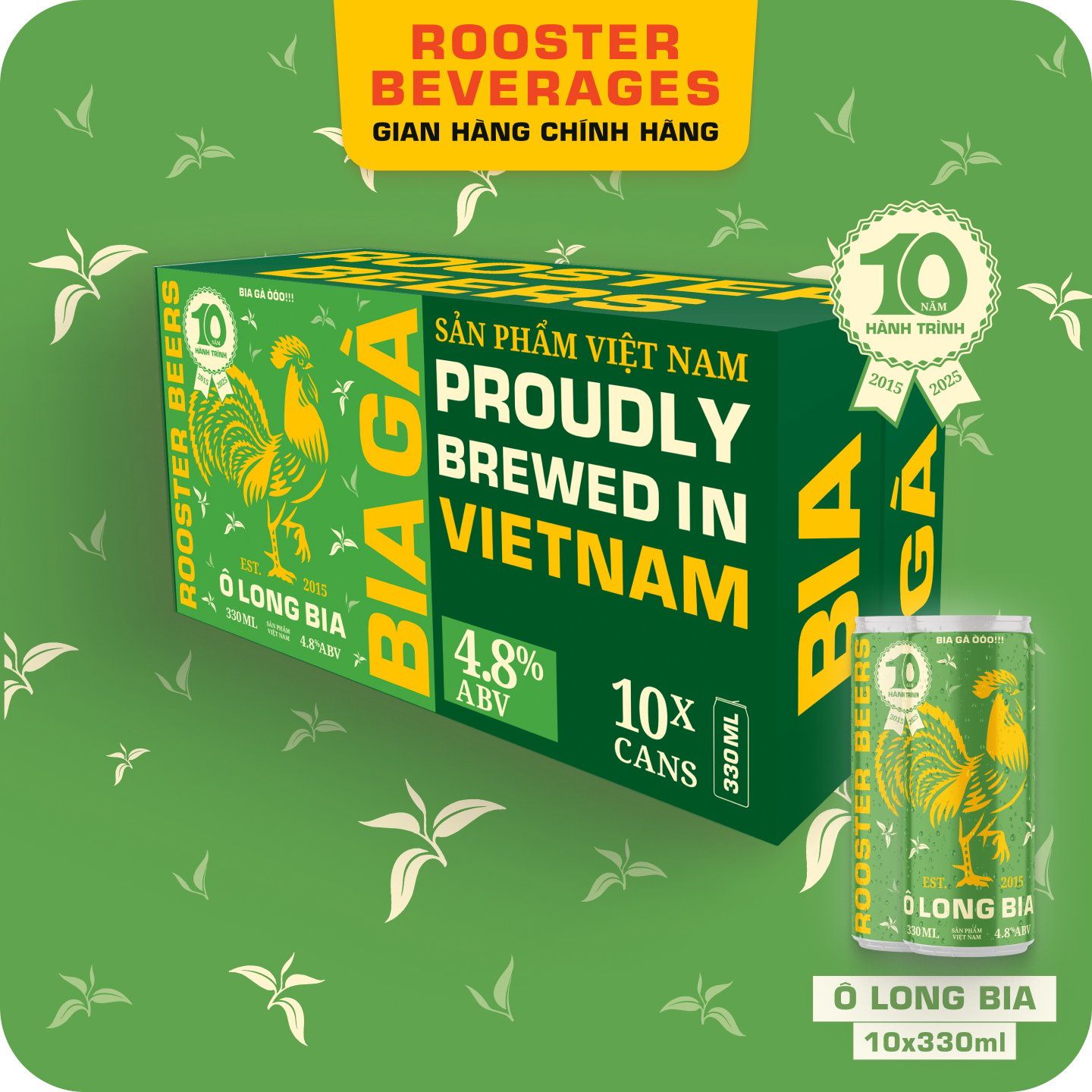 Rooster Beers Ô Long Bia - Thùng 10 Lon Cao Sleek Can (330ml)