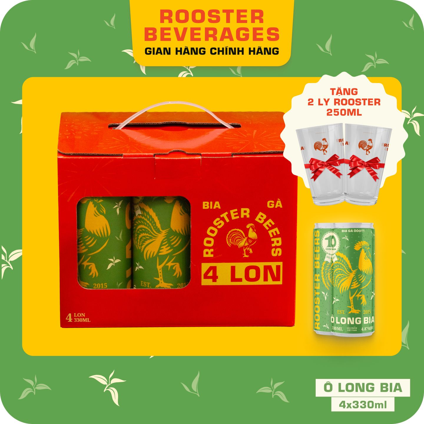 Hộp Quà Bia thủ công | Rooster Beers Ô Long Bia 4 Lon x 330ml + 4 Ly thuỷ tinh