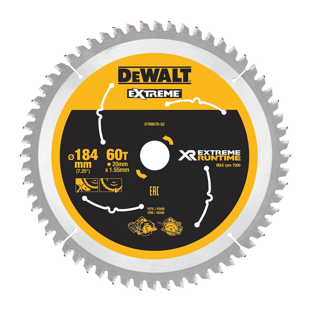  Lưỡi cưa gỗ 184x20mm 60T 7000rpm Dewalt DT99579-QZ (Tối ưu cho máy pin FlexVolt) 